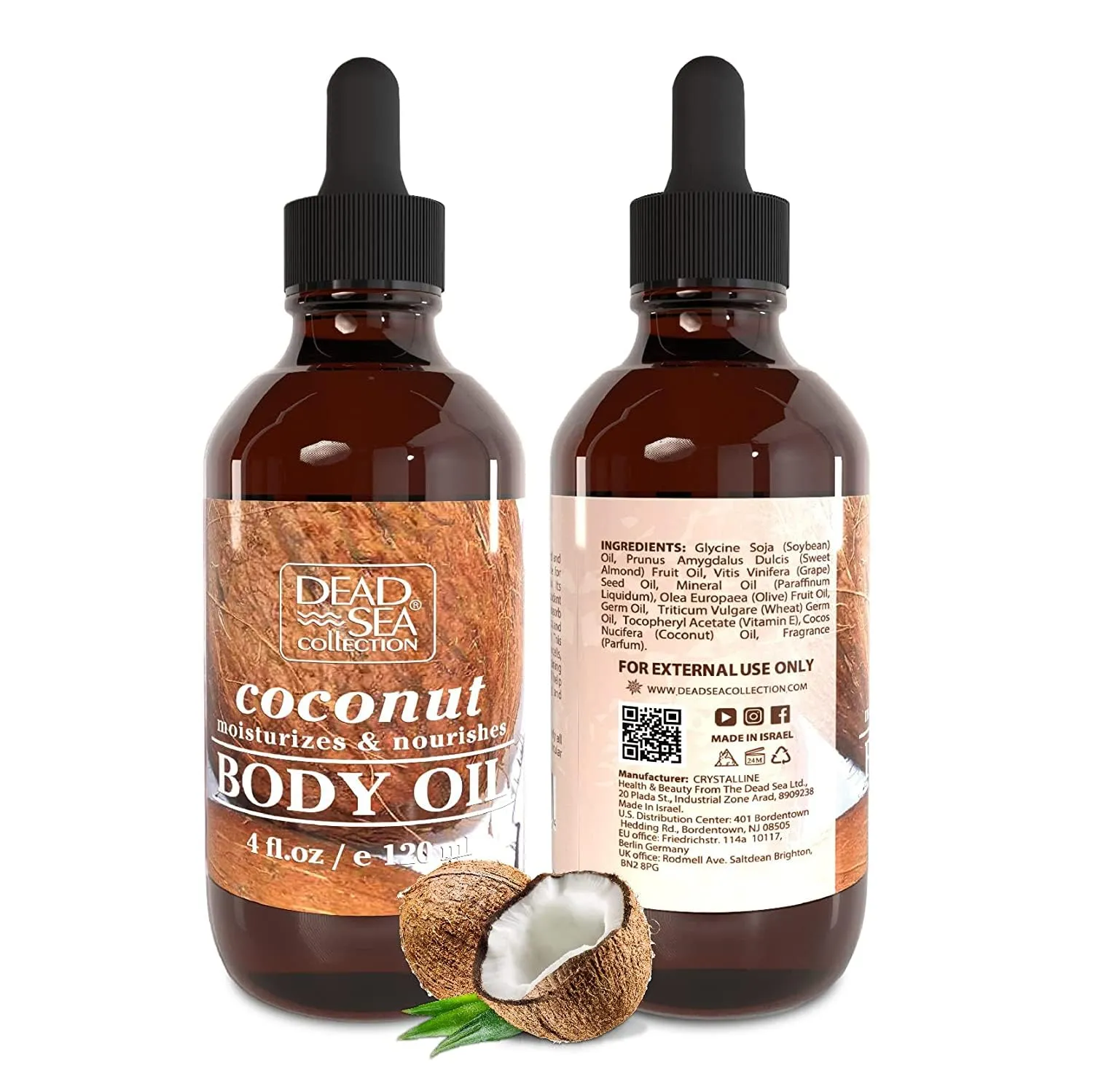 Dead Sea Collection Body Oil with Coconut - Dry Skin Moisturizer and Hydrating Massage Oil - Nourishing Bath - Increase Skin Elasticity and Provide Anti-Aging Support for Face and Body (4 fl.oz)