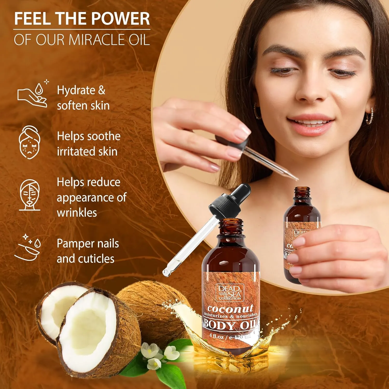 Dead Sea Collection Body Oil with Coconut - Dry Skin Moisturizer and Hydrating Massage Oil - Nourishing Bath - Increase Skin Elasticity and Provide Anti-Aging Support for Face and Body (4 fl.oz)