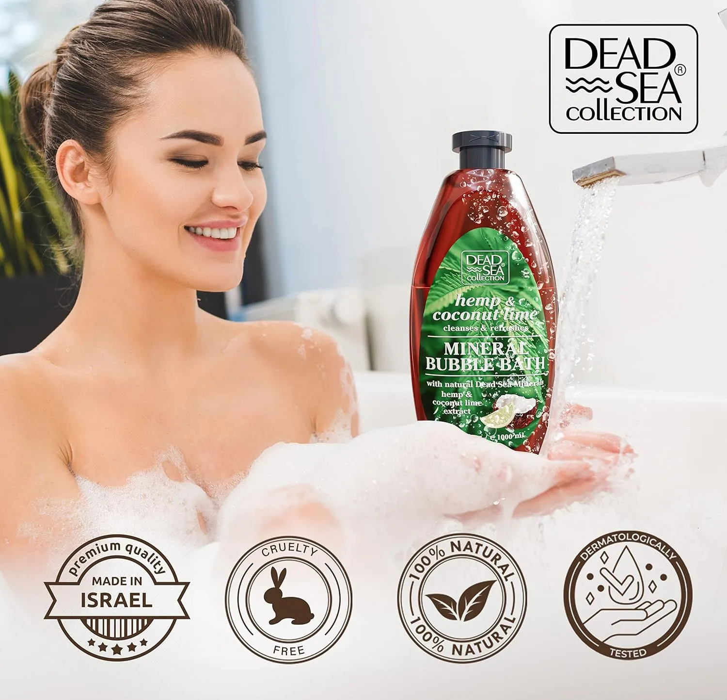 Dead Sea Collection Bubble Bath with Hemp & Coconut Lime for Women and Men – Pure Dead Sea Minerals - Relaxing Foaming Bath - Nourishing and Moisturizes Skin - Pack of 2 (67.6 fl.oz)