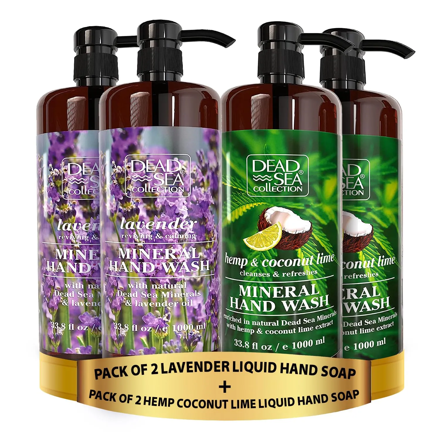 Dead Sea Collection Lavender Oil Liquid Hand Soap Pack Of 2 (33.8 Fl. Oz Each) Hemp Coconut Lime Liquid Hand Soap Pack Of 2 (33.8 Fl. Oz Each) - Bundle