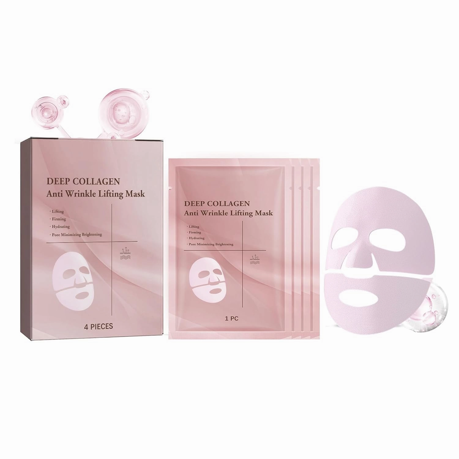 Deep Collagen Anti-Wrinkle Lifting Face Mask, Hydrating and Firming Sheet Masks, 4-Pack