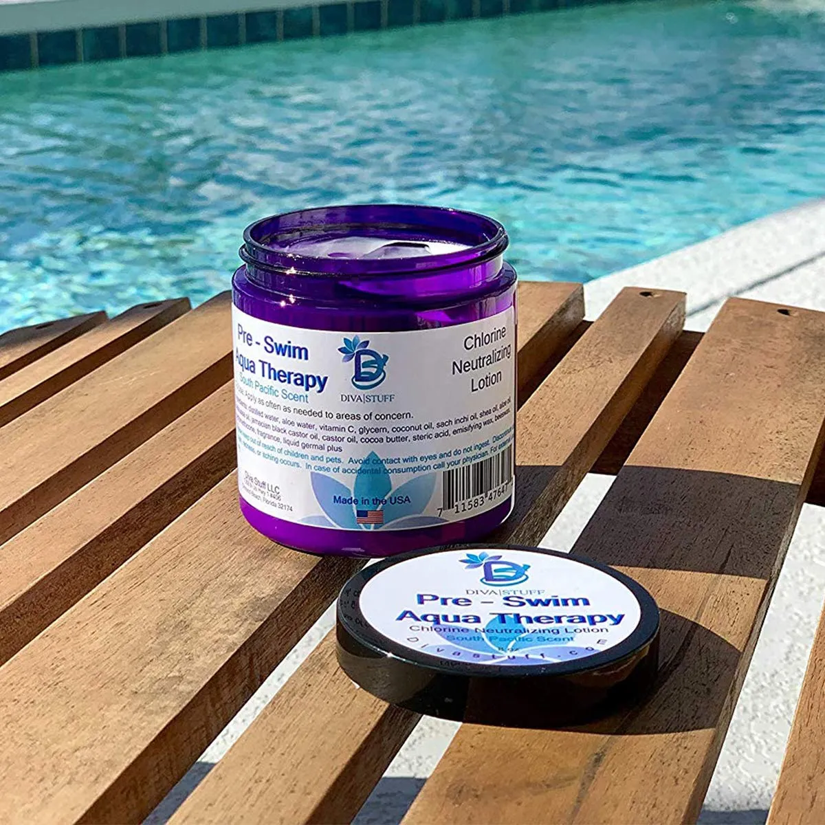 Diva Stuff Pre-Swim Aqua Therapy Chlorine Neutralizing Body Moisturizing Lotion for Swimmers, Protects Skin from Chlorine and Salt Water, 8 oz - Made in the USA, Fresh South Pacific
