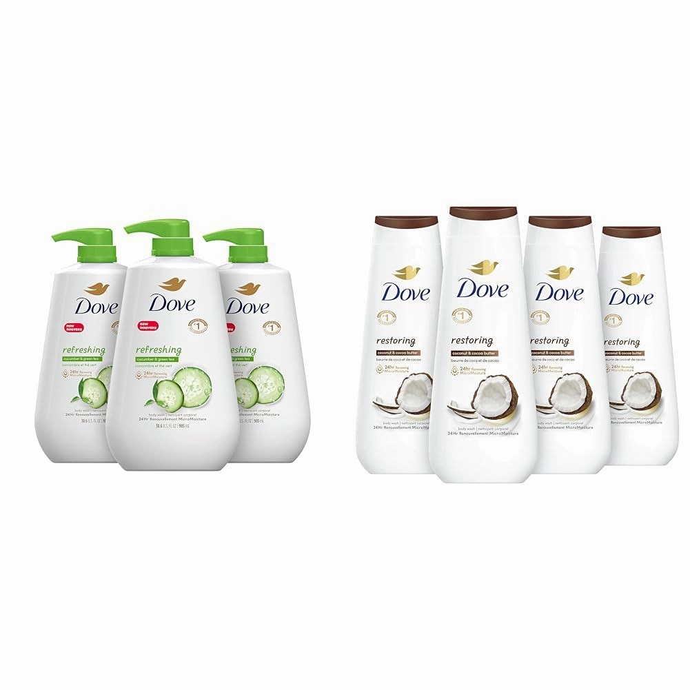 Dove Body Wash Refreshing Cucumber Green Tea 30.6oz (Pack of 3) & Restoring Coconut Cocoa Butter 20oz (4 Count)