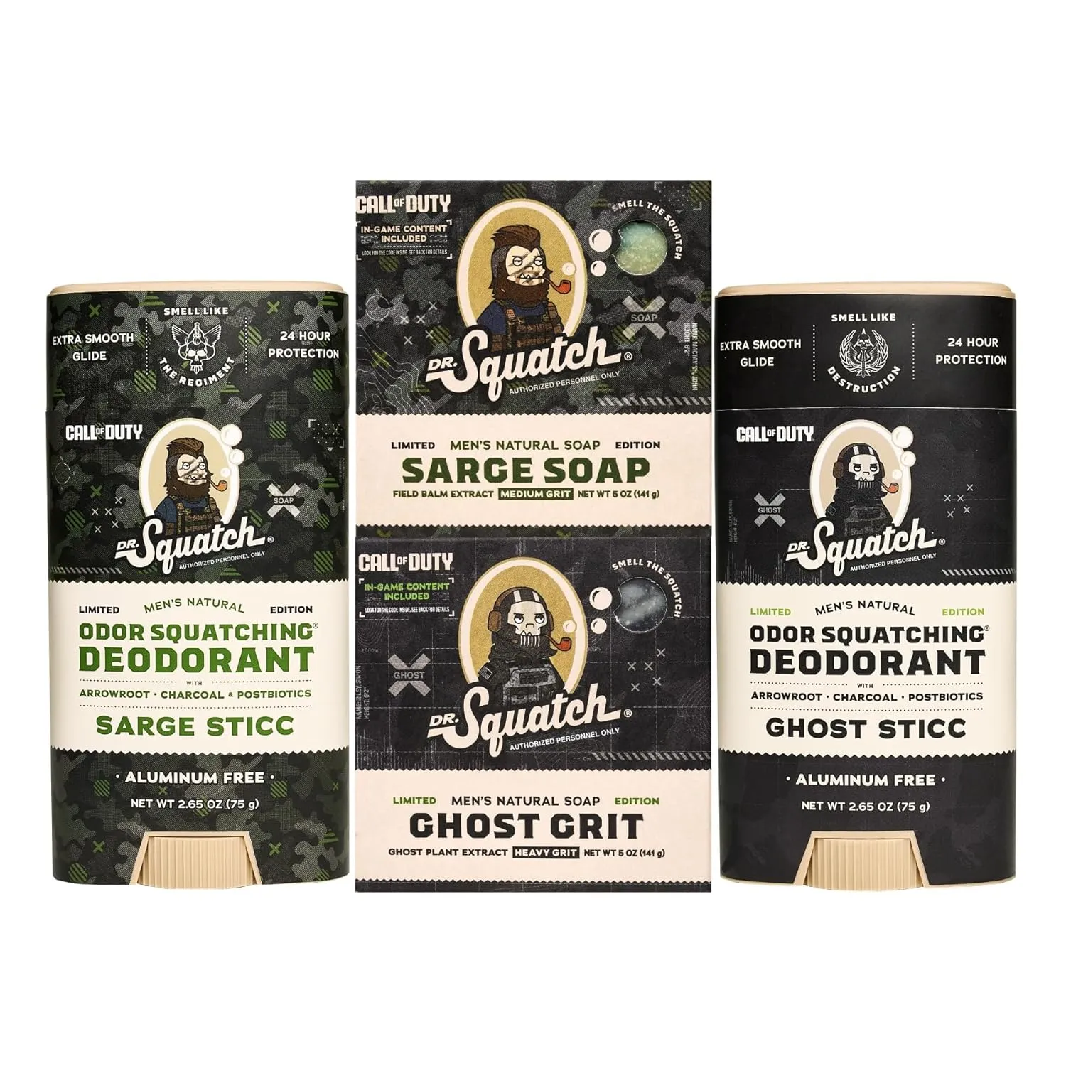 Dr. Squatch Call of Duty Bundle - Men's Natural 2 Soap and 2 Deodorant Gift Set - Cold Process with No Harsh Chemicals - Ghost Grit, Sarge Soap, Ghost Sticc, Sarge Sticc