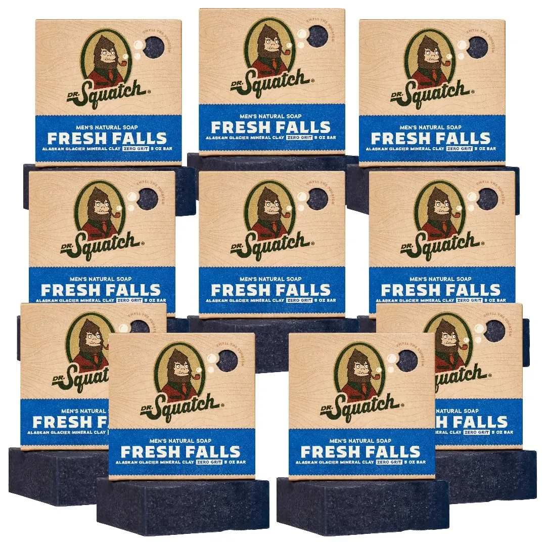 Dr. Squatch Natural Bar Soap for Men - Cold Process Soap with No Harsh Chemicals - Fresh Falls (5 oz, 10-Pack)