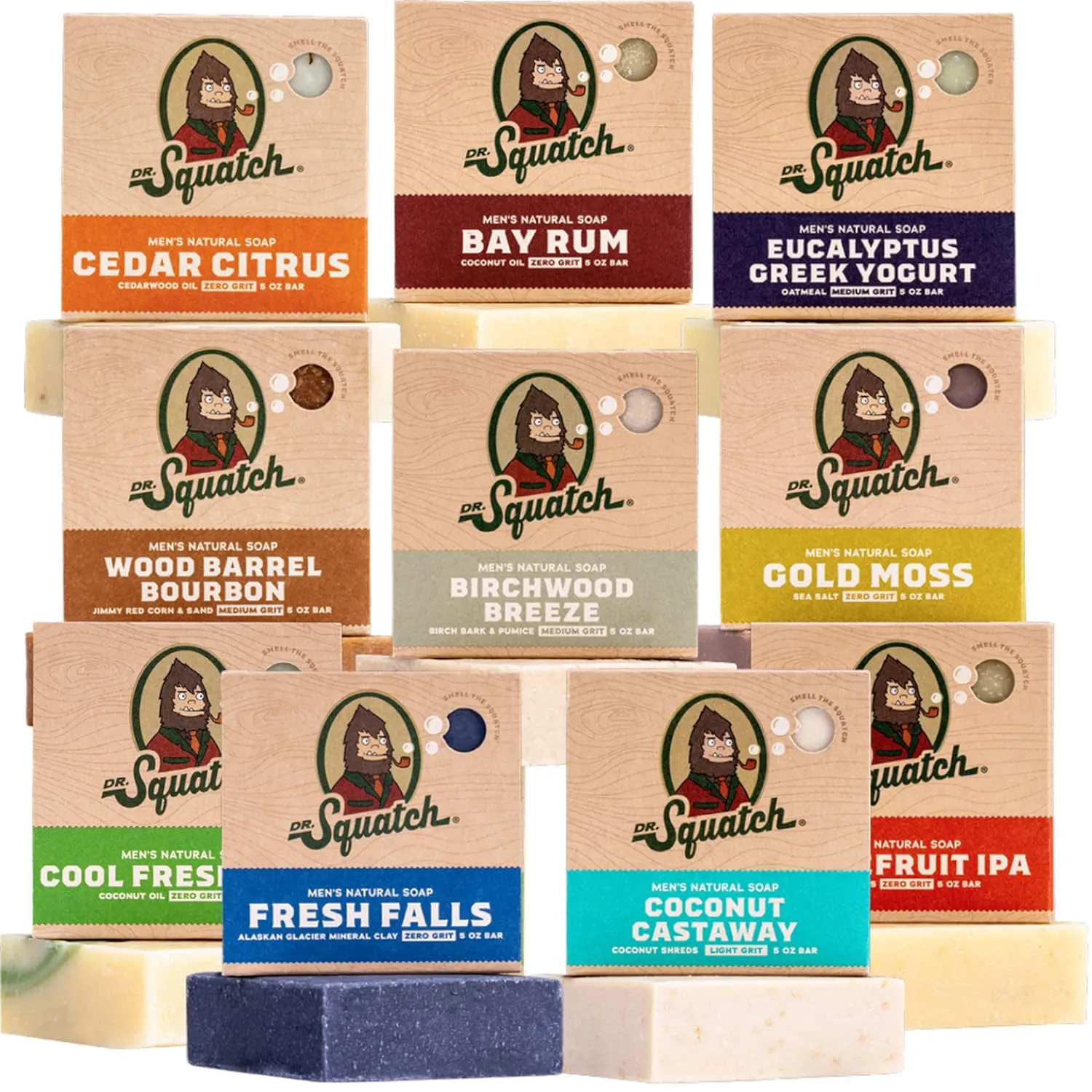 Dr. Squatch Natural Bar Soap for Men Variety Gift Set - Cold Process No Harsh Chemicals - Birchwood Breeze, Fresh Falls, Wood Barrel Bourbon, Coconut Castaway, Cedar Citrus & more (5 oz, 10-Pack)