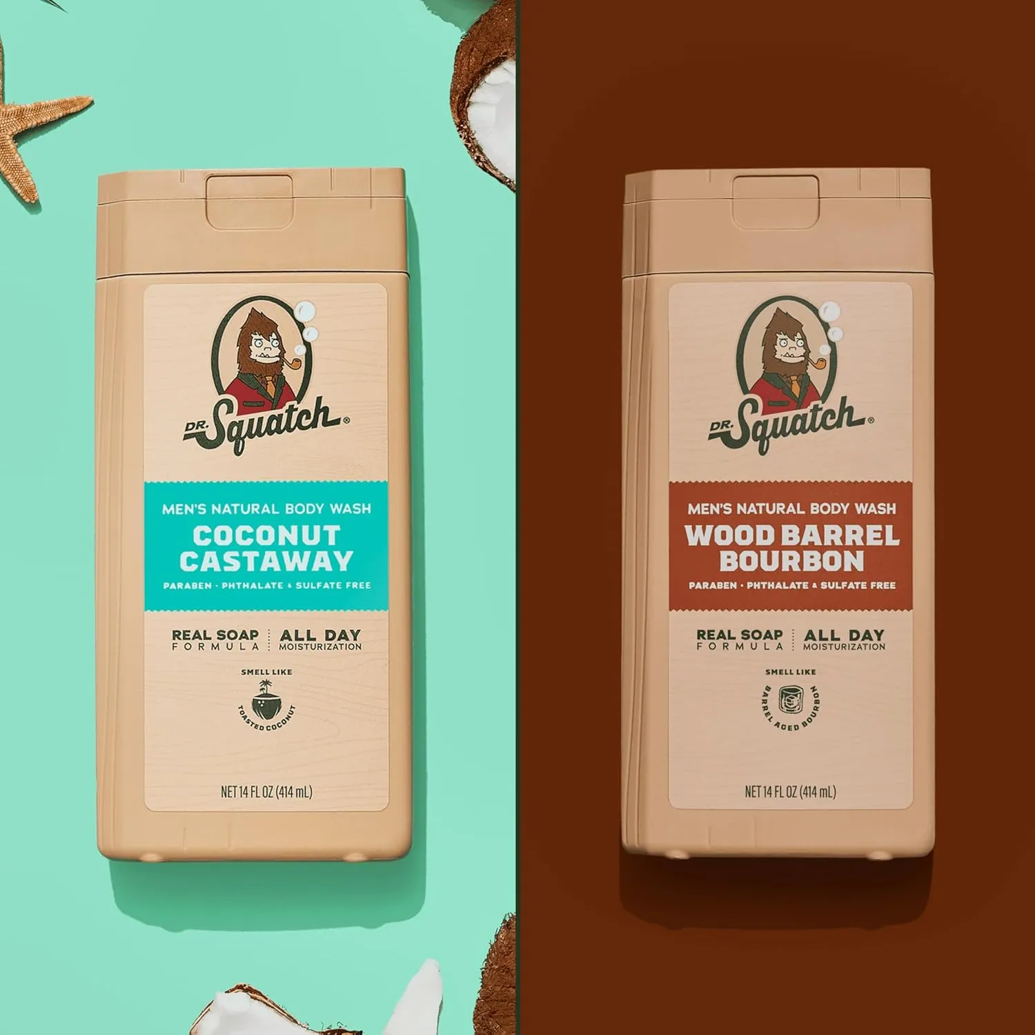 Dr. Squatch NEW Body Wash for Men with Nourishing, Natural Ingredients | No Paraben, Phthalate, Sulfate | All Day Moisture | Long Lasting Scent | Coconut Castaway & Wood Barrel Bourbon (14 oz, 2-Pack)