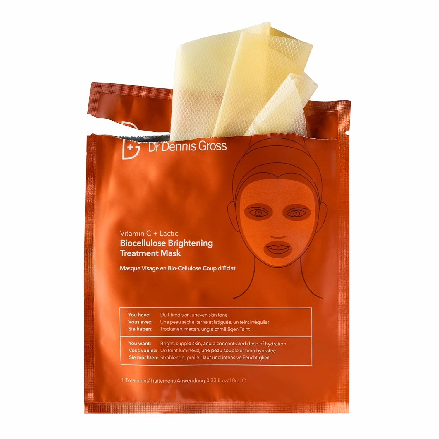 Dr Dennis Gross Vitamin C Lactic Biocellulose Brightening Treatment Mask, Revive Dry, Visibly Damaged Skin, 4 Pack