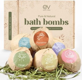 Earth Vibes Bath Bombs Gift Set - USA Made XXL Natural Bath Fizzies Infused with Essential Oils - Moisturizes Dry Skin, Organic Olive Oil, Coconut Oil, Epsom Salt - Women Men Kids - 6 x 5oz