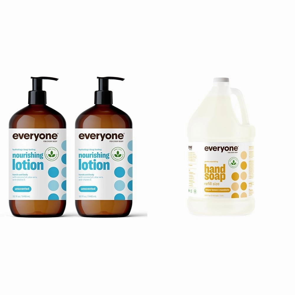 Everyone Nourishing Hand and Body Lotion, 32 Ounce (Pack of 2), Unscented & Liquid Hand Soap Refill, 1 Gallon, Meyer Lemon and Mandarin, Plant-Based Cleanser