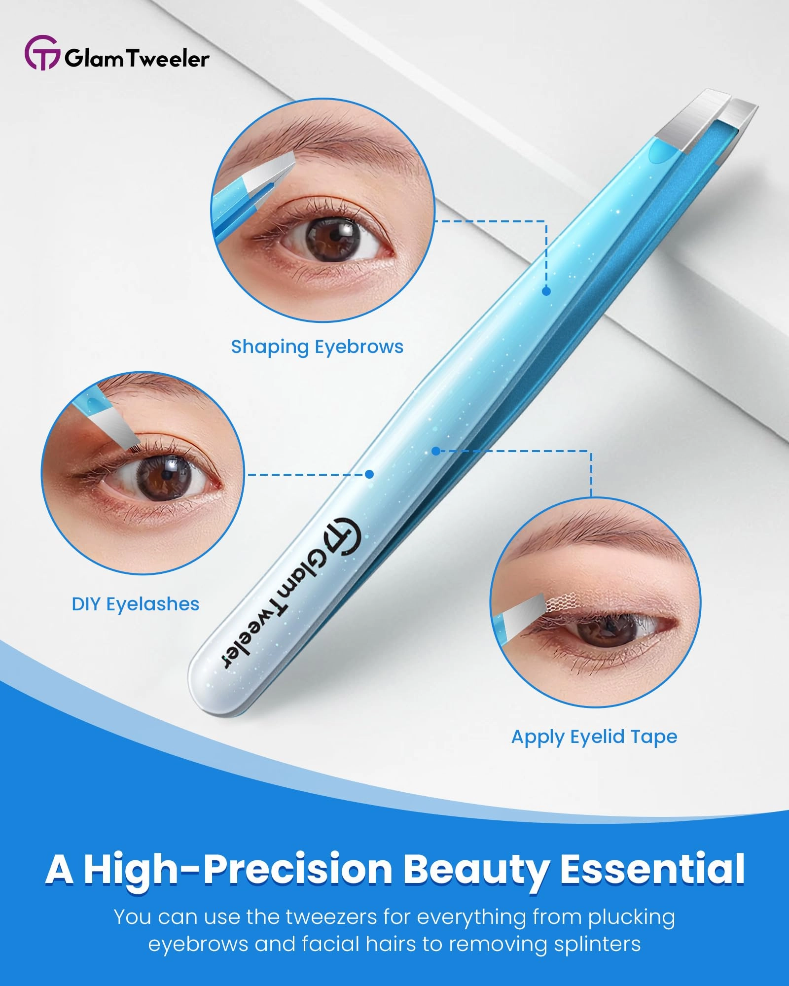 Expert Slant Tip Tweezers with Leather Case, GlamTweeler Sharp & Precision Stainless Steel Tweezer for Eyebrows, Facial Hair and Fine Hairs Removal (Sparkle Blue & Silver)