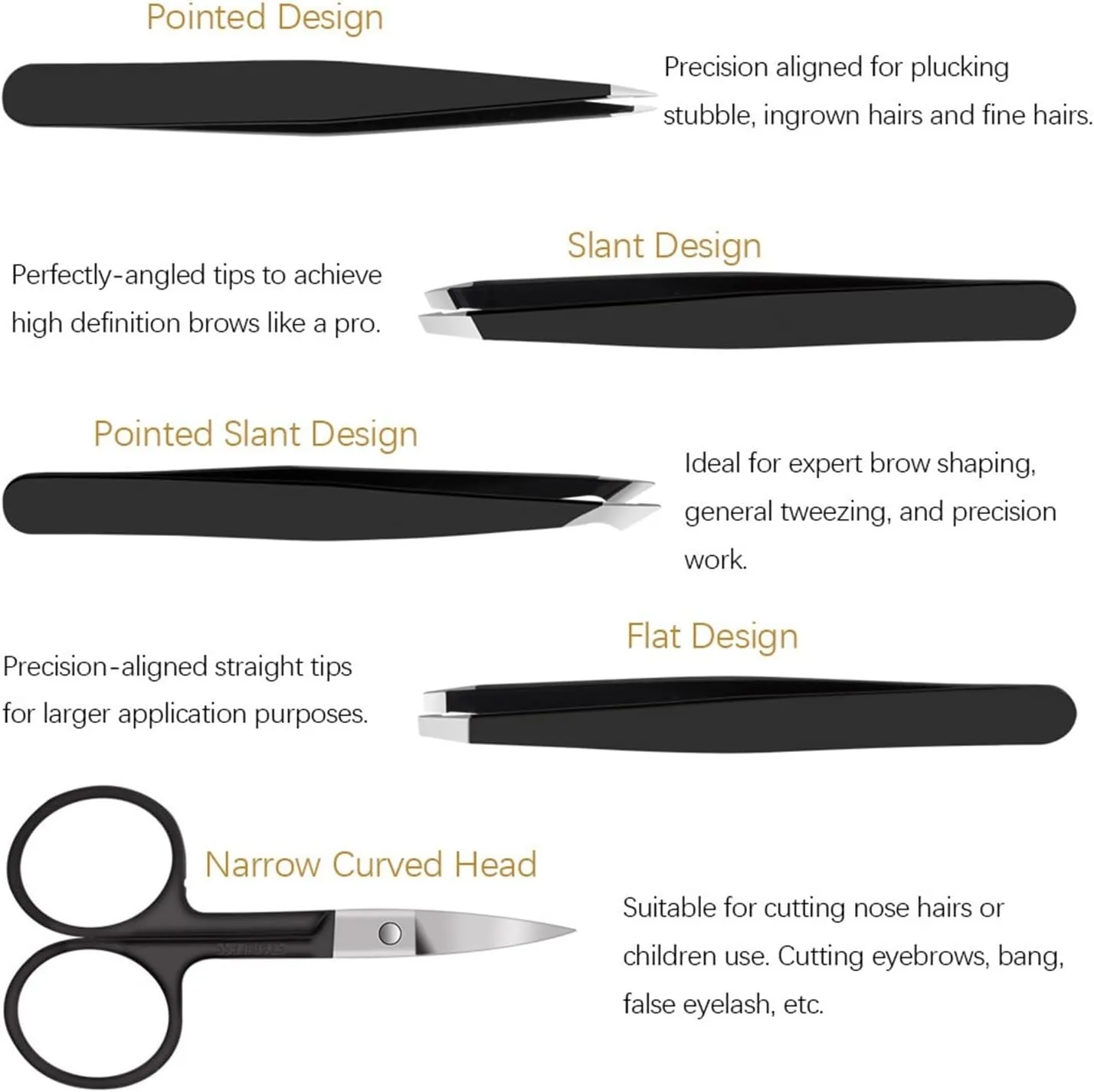 Eyebrow Tweezers Stainless Steel Point Tip/Slant Flat Hair Removal With Bag Eyebrows Tweezers Cosmetic Tools(4pcs Set 1)