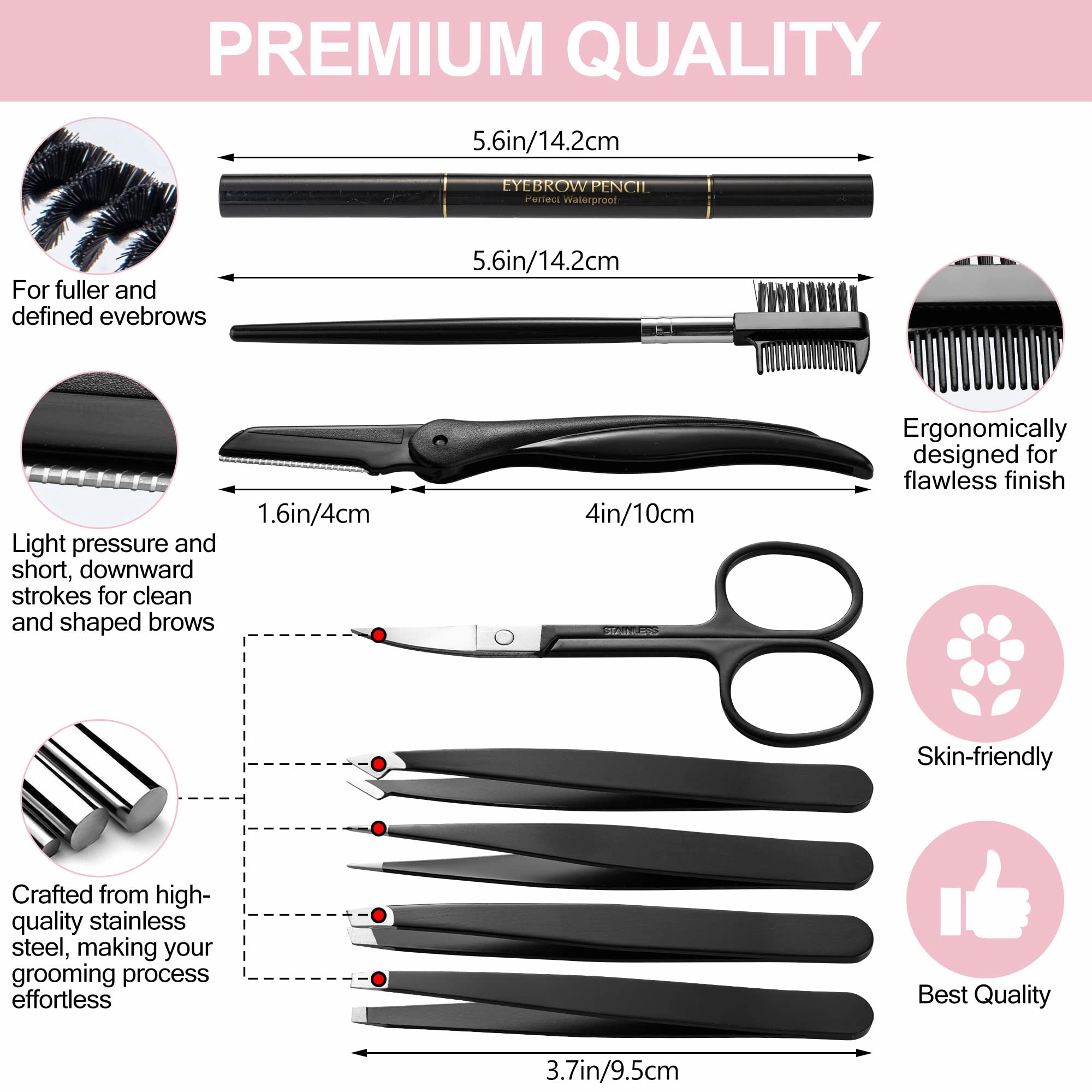 Eyebrow Trimmer 8-Pack - Eyebrow Tweezers Set - Eyebrow Shaping Kit for Women & Men With Razor, Brush With Comb, Pencil, and Scissors in Padded Case