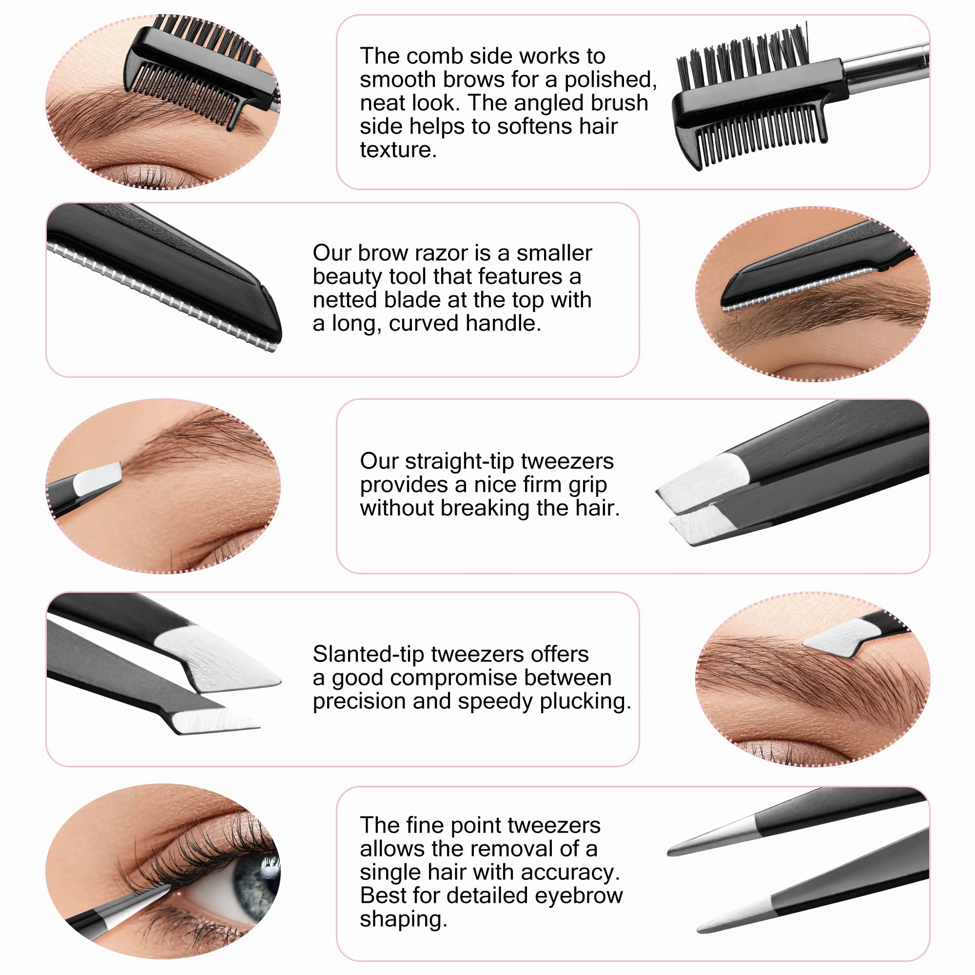 Eyebrow Trimmer 8-Pack - Eyebrow Tweezers Set - Eyebrow Shaping Kit for Women & Men With Razor, Brush With Comb, Pencil, and Scissors in Padded Case