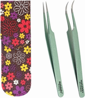 Eyelash Extension Tweezers with Straight and Curved Tip Tweezers with Double Tweezers Magnetic Pouch (Metallic light Green Powder Coated)