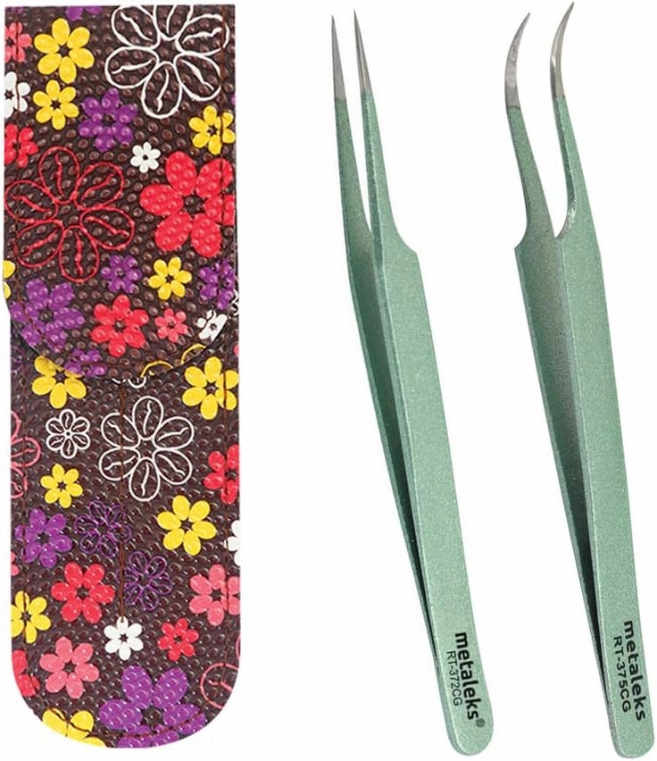 Eyelash Extension Tweezers with Straight and Curved Tip Tweezers with Double Tweezers Magnetic Pouch (Metallic light Green Powder Coated)