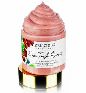 Farm Fresh Berries 100% Natural & Vegan Raw Nourishment Body Butter - Cocoa, Shea & Mango Butter - Rich, Quick Absorbing Moisturizer For Full Body, Hands & Feet - Handmade, Cruelty Free, with Organics