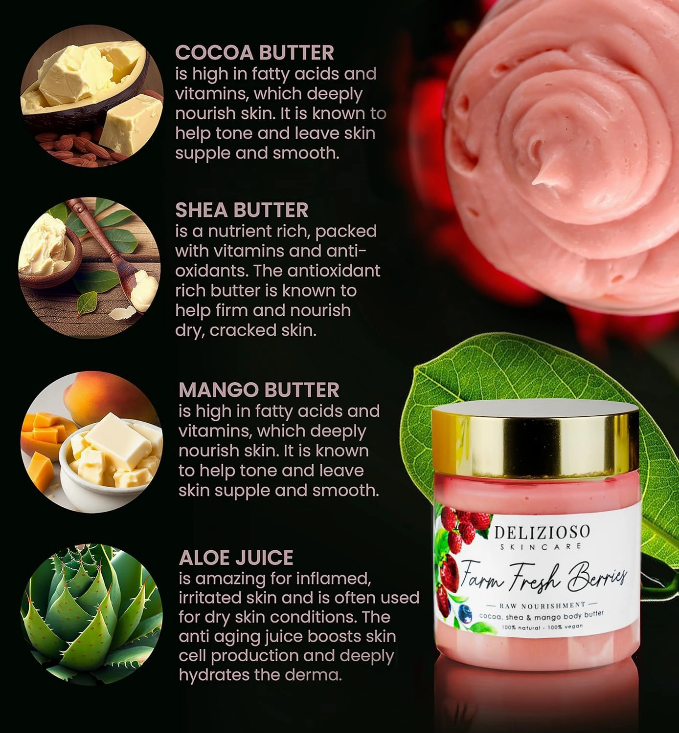 Farm Fresh Berries 100% Natural & Vegan Raw Nourishment Body Butter - Cocoa, Shea & Mango Butter - Rich, Quick Absorbing Moisturizer For Full Body, Hands & Feet - Handmade, Cruelty Free, with Organics