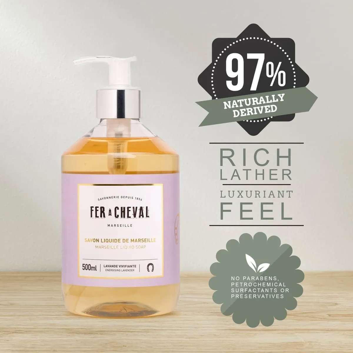Fer à Cheval Savon Liquide De Marseille Soap, Luxury French Hand Soap Energizing Lavender Liquid Savon Marseille Soap, 500ml/16.9fl oz