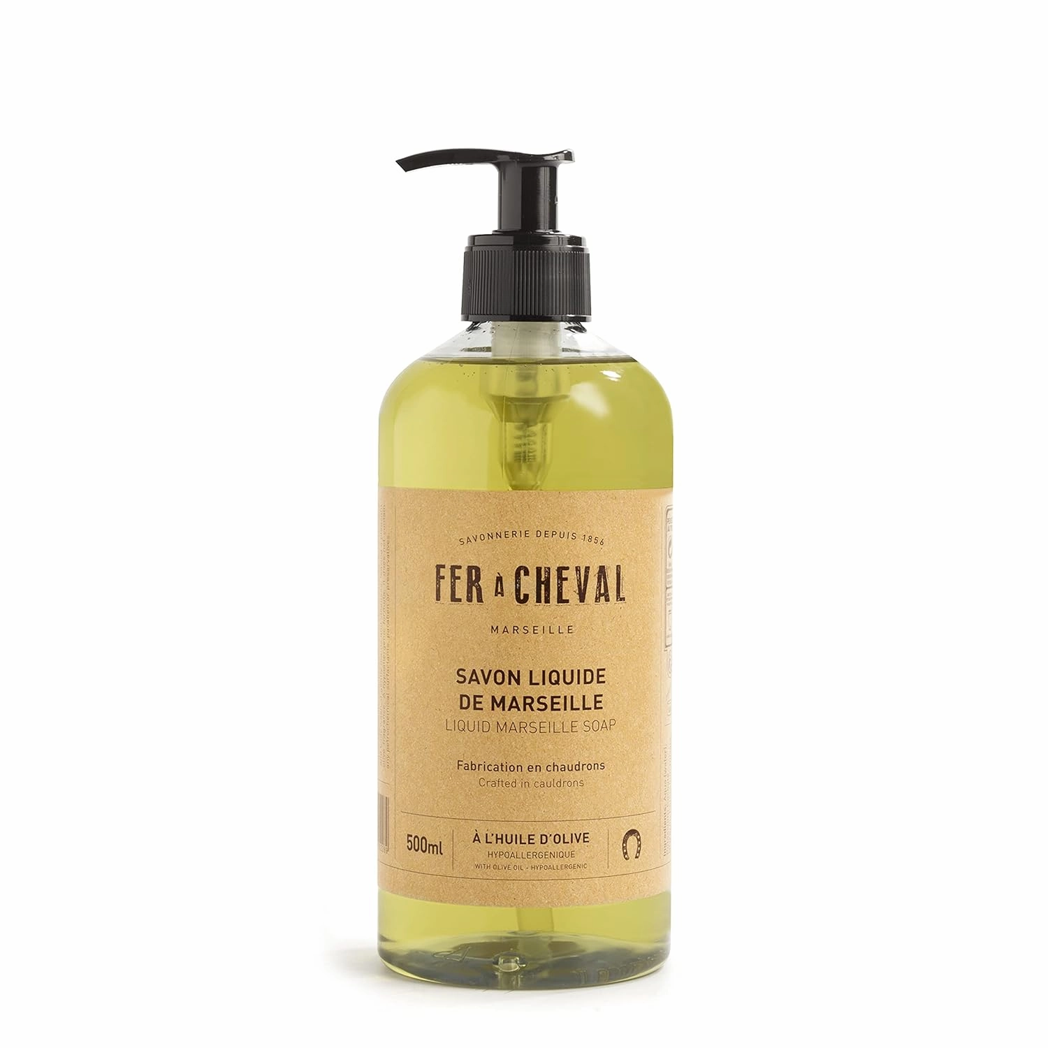 Fer A Cheval Olive Marseille Liquid Soap 500ml - Organic Olive Oil, Hypoallergenic, Dermatologically Tested - Authentic French Luxury for Skin Revitalization and Natural Glow