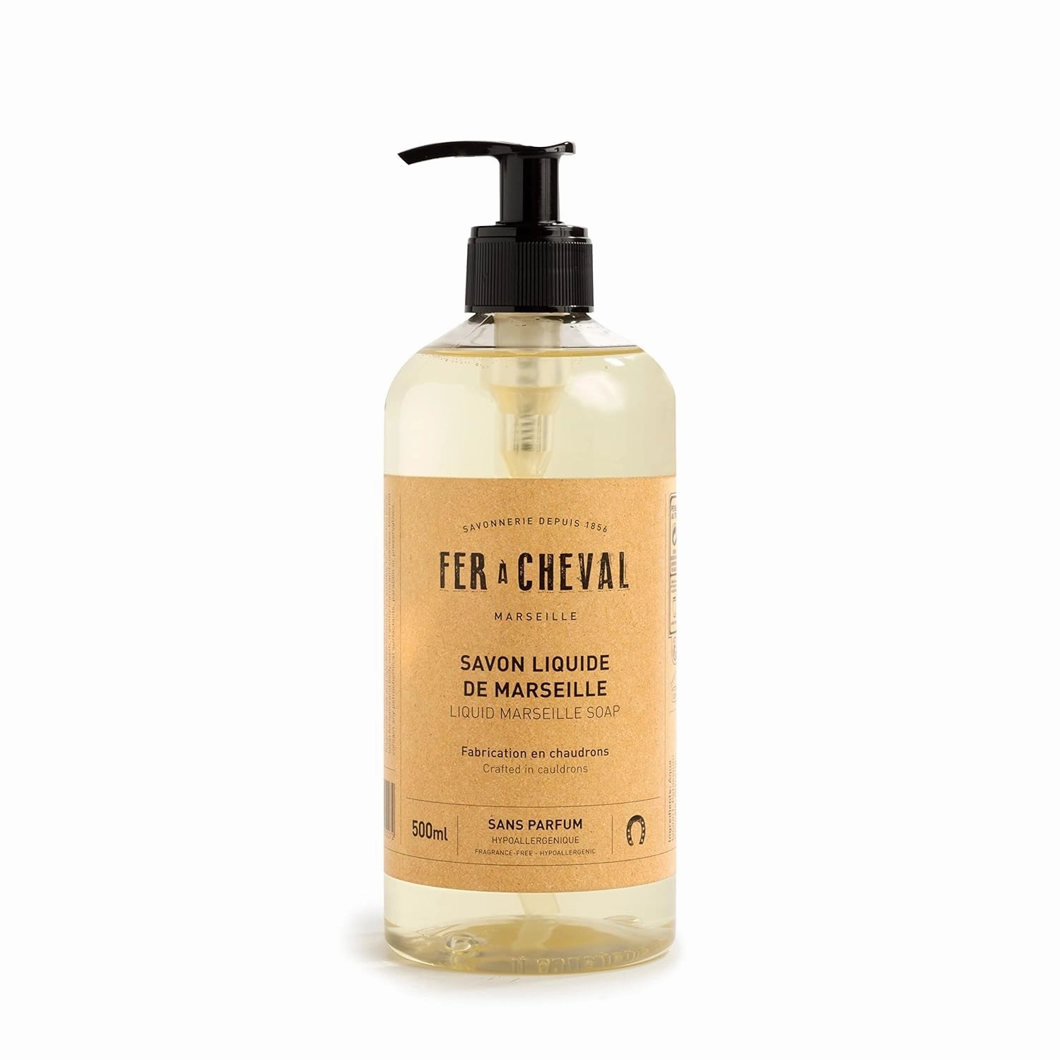Fer à Cheval Marseille Liquid Soap Unscented Fragrance-Free Hypoallergenic Savon De Marseille Soap, Luxury French Liquid Marseille Soap, Pump Dispenser 16.9oz