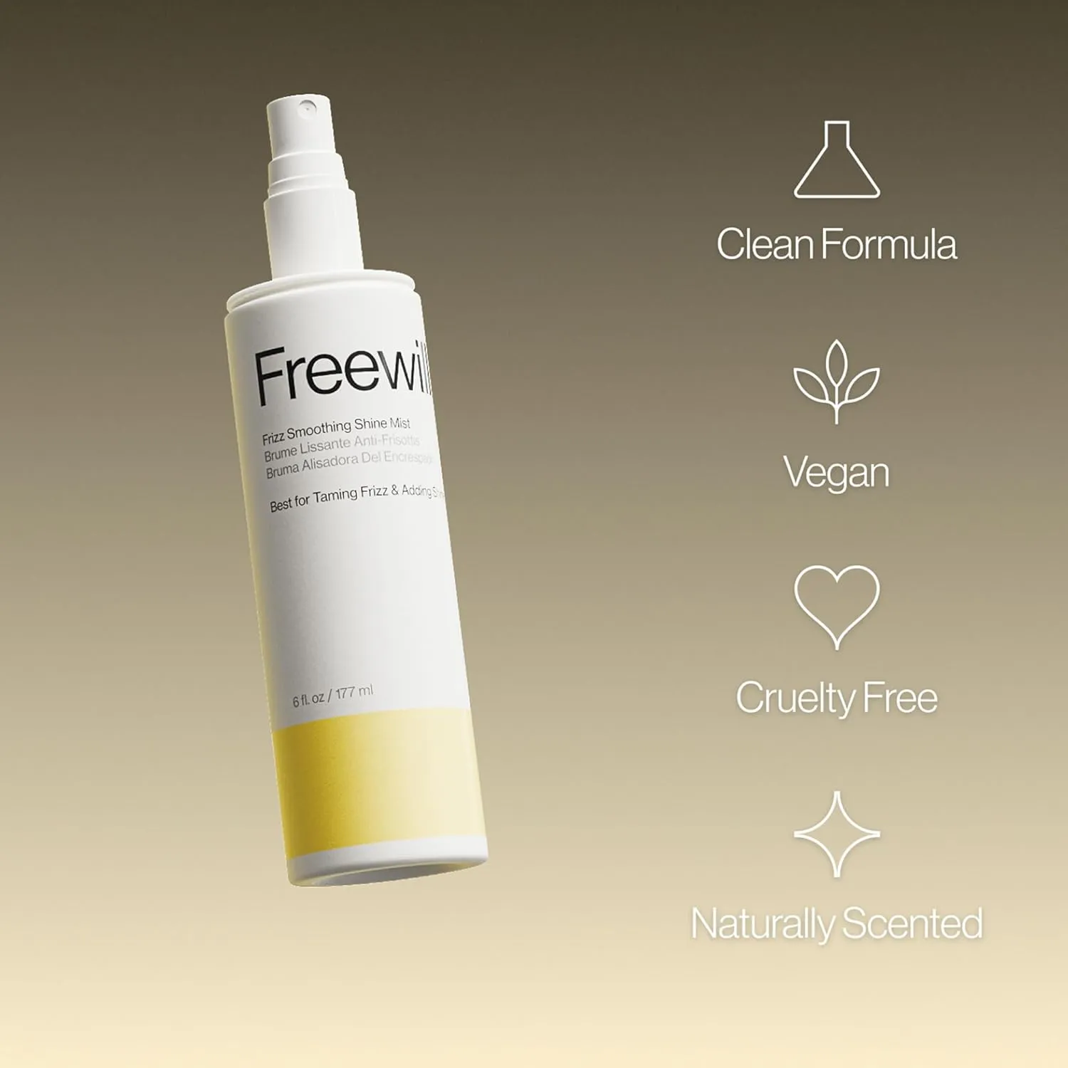 Freewill Frizz Smoothing Shine Mist - Lightweight Non-Greasy Hair Shine Spray for Frizz Control & Flyaways - Hydrating Mist with Argan, Coconut, & Ginger Root Oil - Vegan Hair Care - 6 fl oz