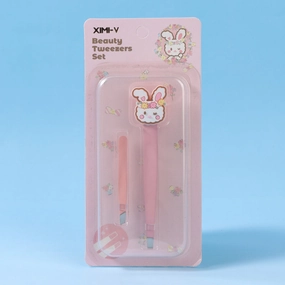Garden Bunny Beauty Tweezers Set - Large Flat Tip   Small Slant Tip (Pink)
