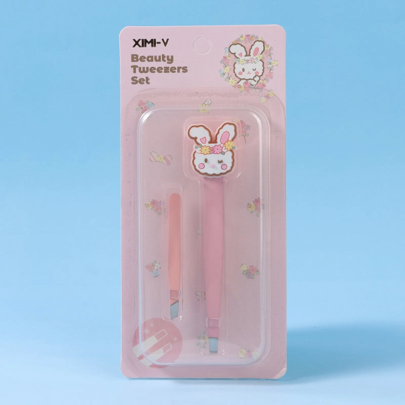 Garden Bunny Beauty Tweezers Set - Large Flat Tip   Small Slant Tip (Pink)
