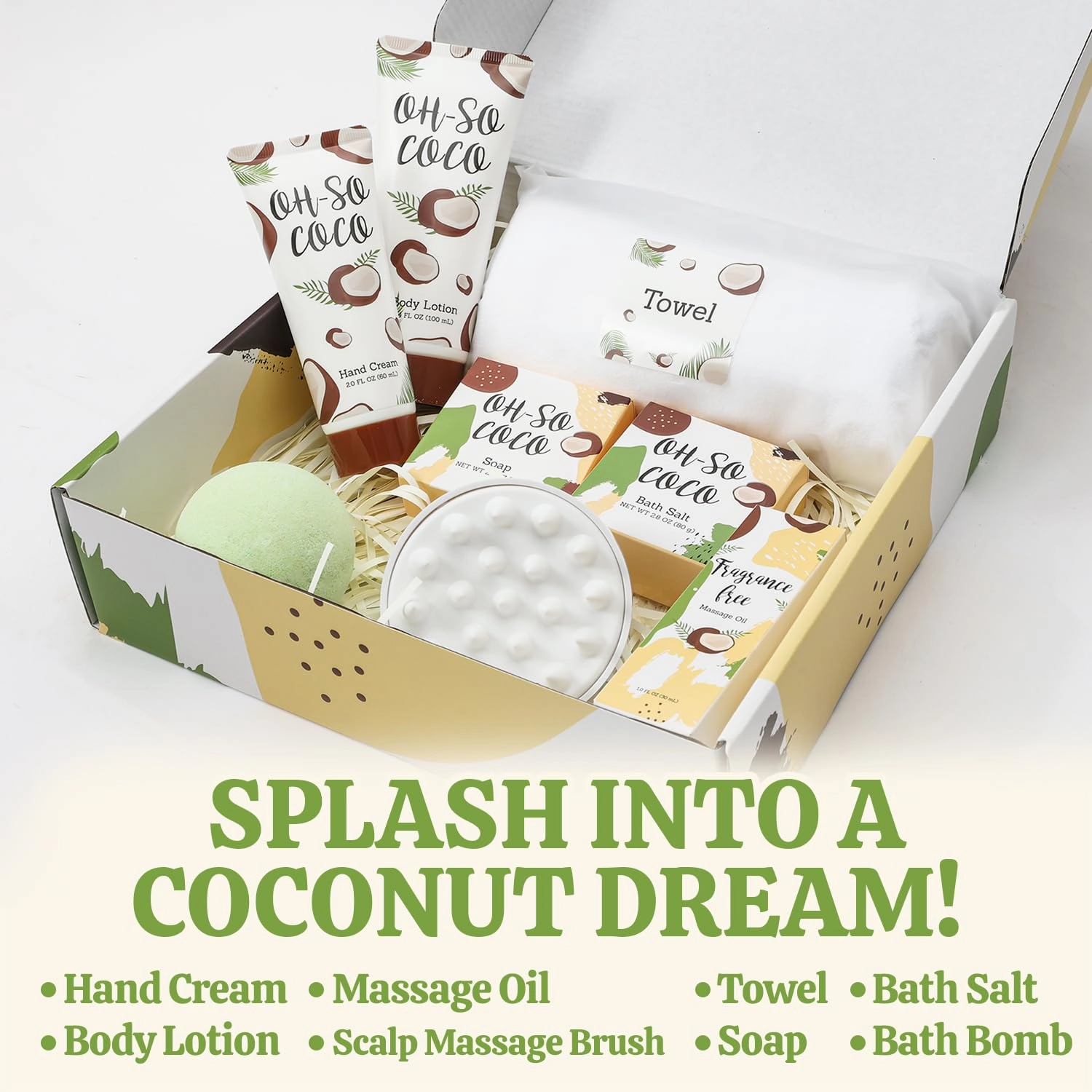 Gift Set for Women BFFLOVE 8pc Coconut Spa Gifts for Women Bath Set for Women with Bath Bomb, Scentd Candle, Massage oil, Towel, Birthday Gifts for Mom,Christmas Gifts for Women