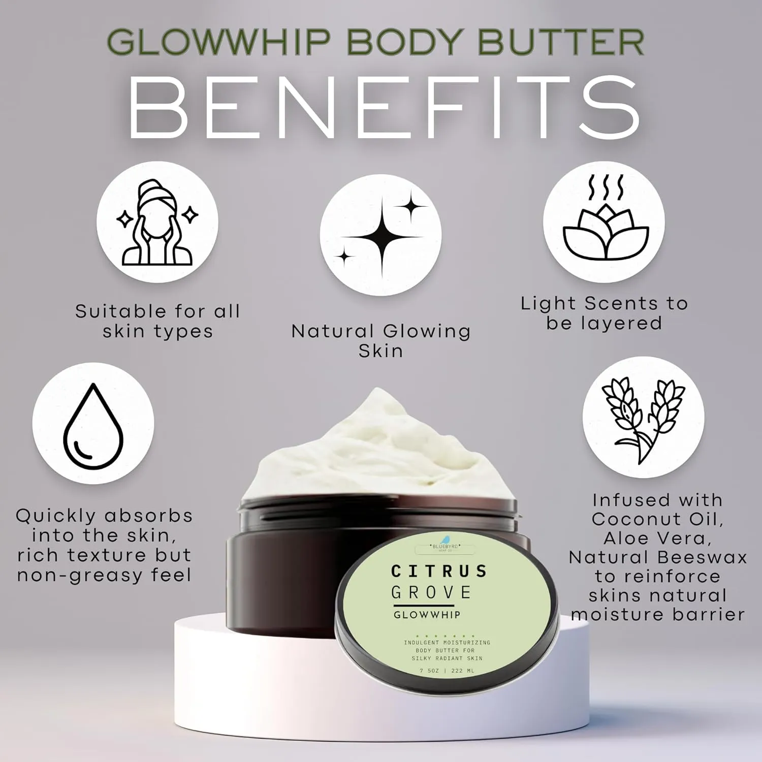 Glowwhip Body Butter – Velvet Peppermint | Whipped Body Cream for Deep Hydration | Non-Greasy, Fast-Absorbing Moisturizer with Beeswax, Aloe & Vitamin E | Cooling Scent | 8 oz (Peppermint)