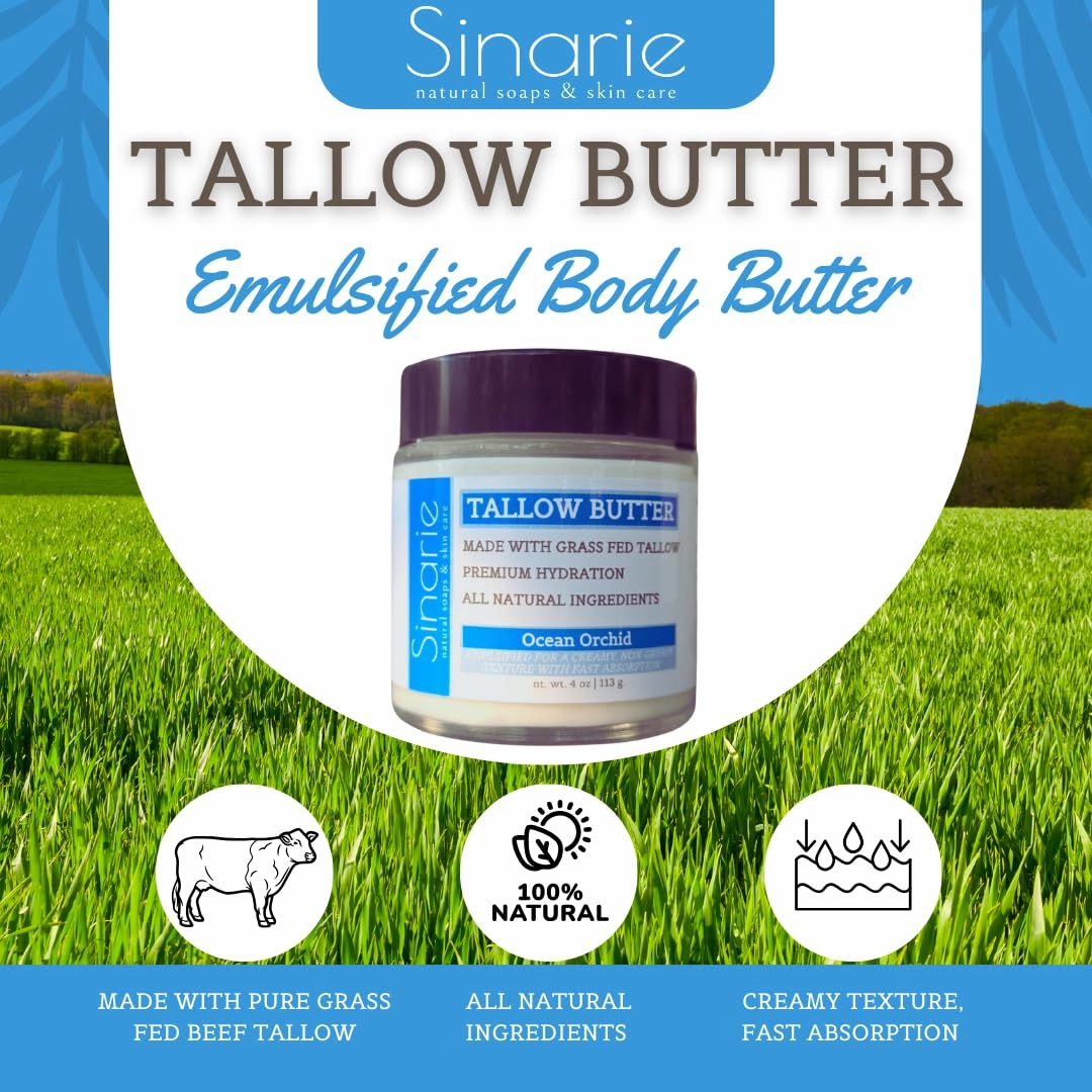 Grass-Fed Beef Tallow Body Butter - Emulsified, Non-Greasy Moisturizer, 4 oz Soaps & Skin Care (4 oz., Ocean Orchid)