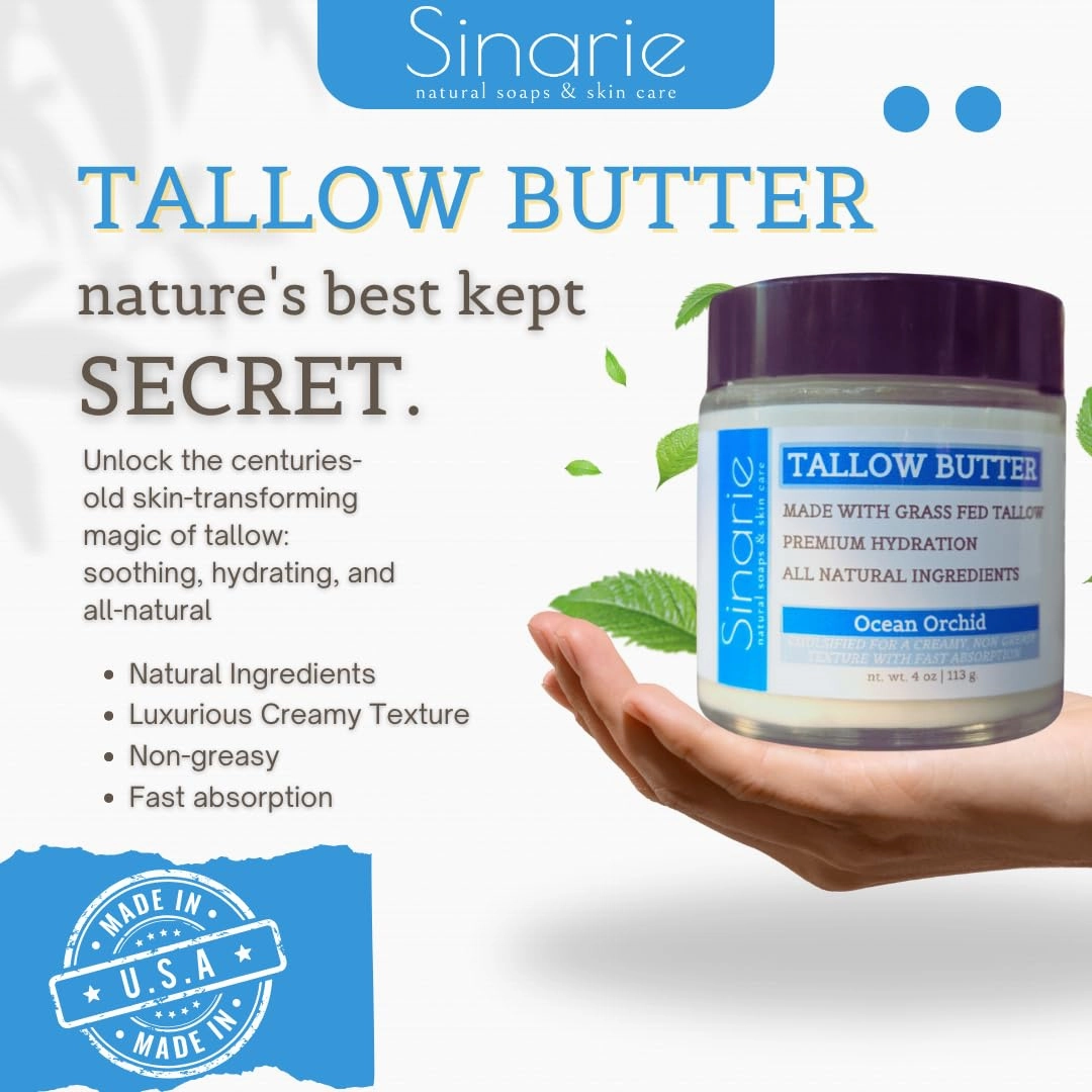 Grass-Fed Beef Tallow Body Butter - Emulsified, Non-Greasy Moisturizer, 4 oz Soaps & Skin Care (4 oz., Ocean Orchid)