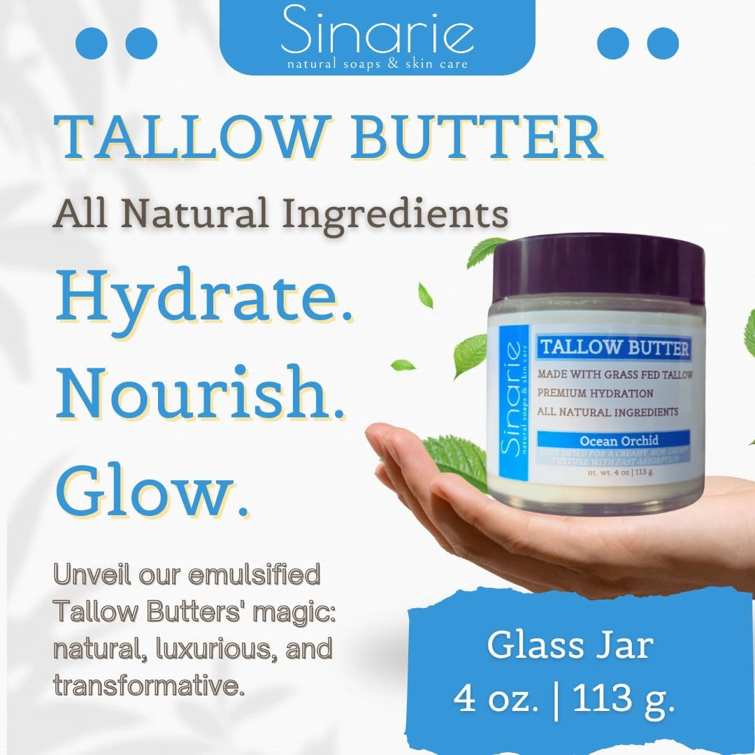 Grass-Fed Beef Tallow Body Butter - Emulsified, Non-Greasy Moisturizer, 4 oz Soaps & Skin Care (4 oz., Ocean Orchid)