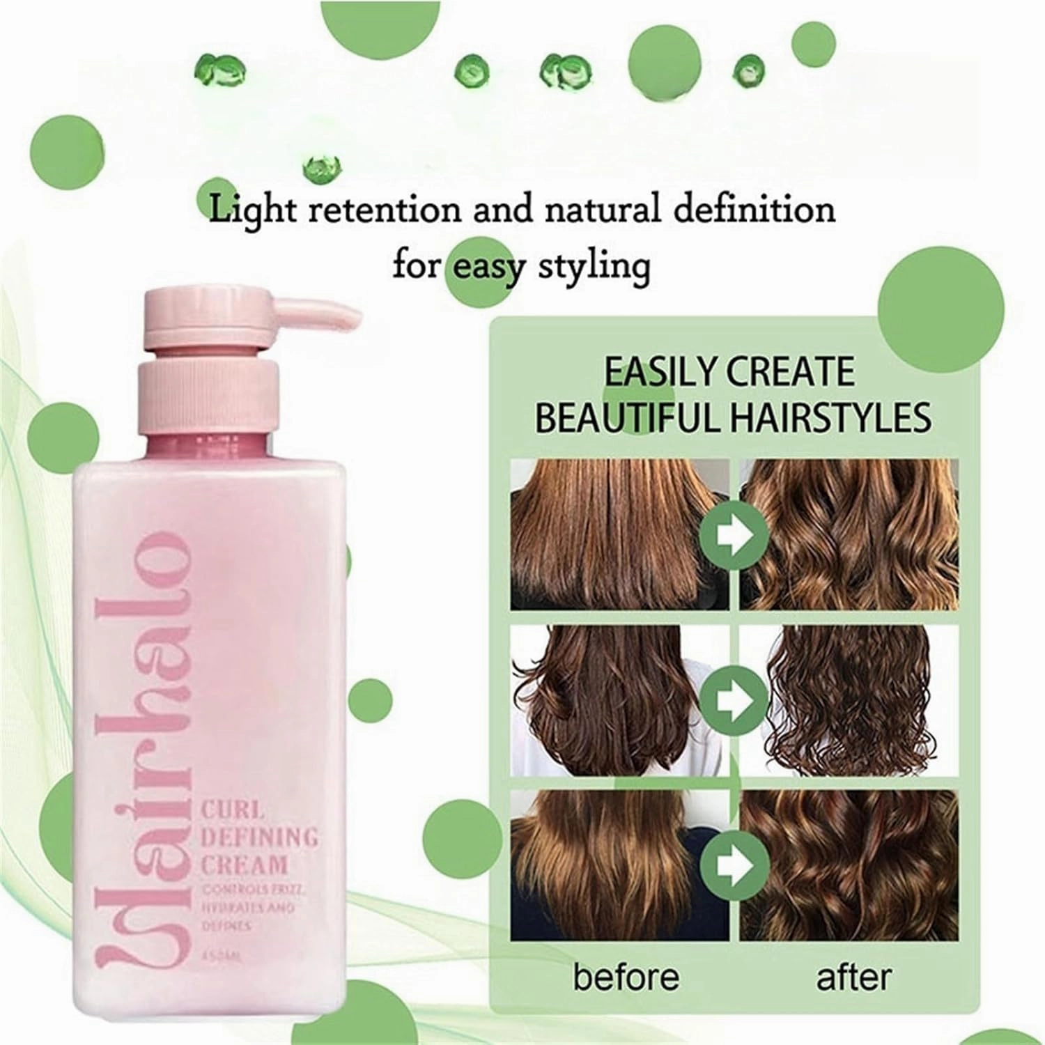 Hairhalo Curl Defining Cream, Hair Halo Curl Defining Cream, Curl Defining Cream, Curl Cream for Curly Hair Anti Frizz, Moisturizing, Smoothing for Curly & Wavy Hair (1, 2Pcs)