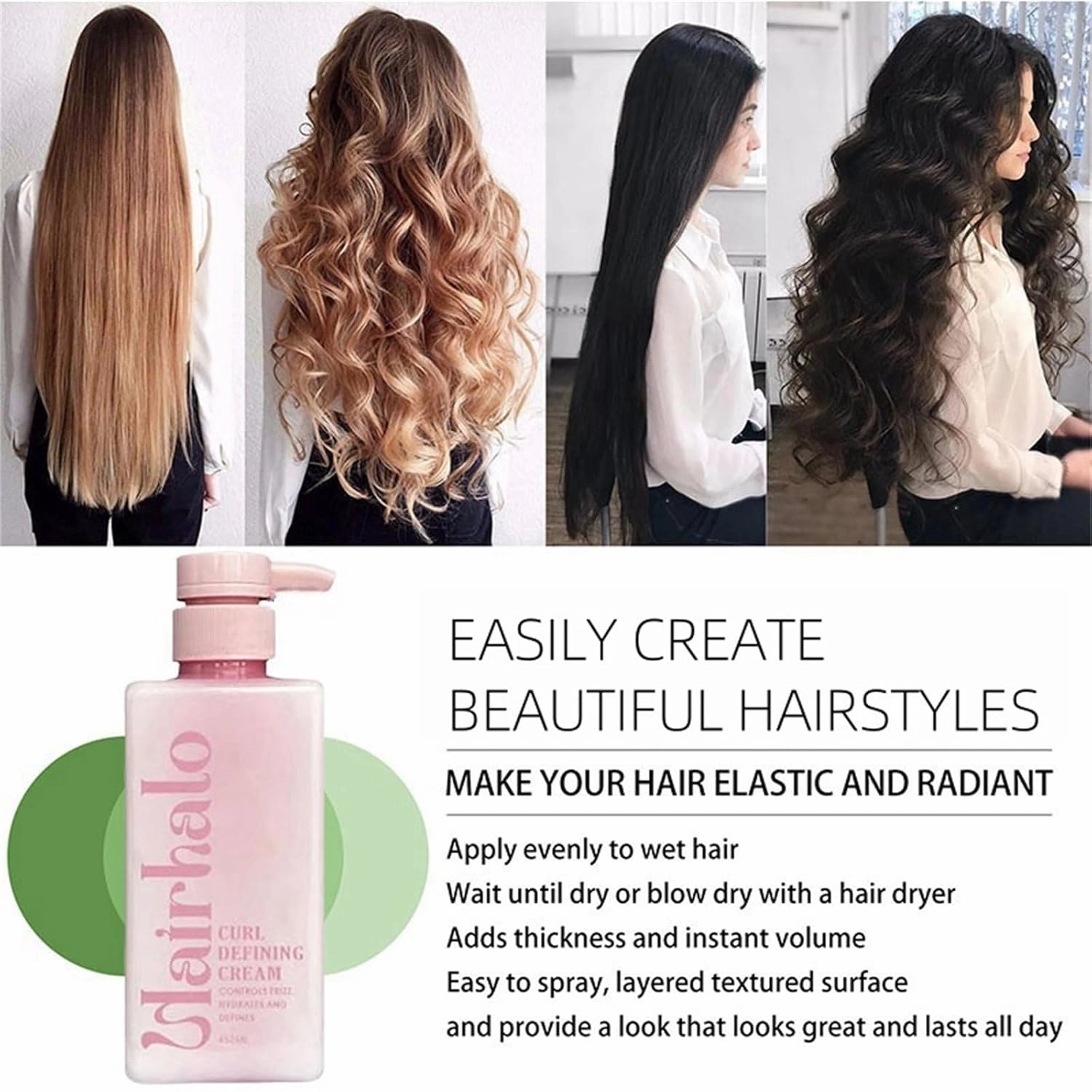 Hairhalo Curl Defining Cream, Hair Halo Curl Defining Cream, Curl Defining Cream, Curl Cream for Curly Hair Anti Frizz, Moisturizing, Smoothing for Curly & Wavy Hair (1, 2Pcs)