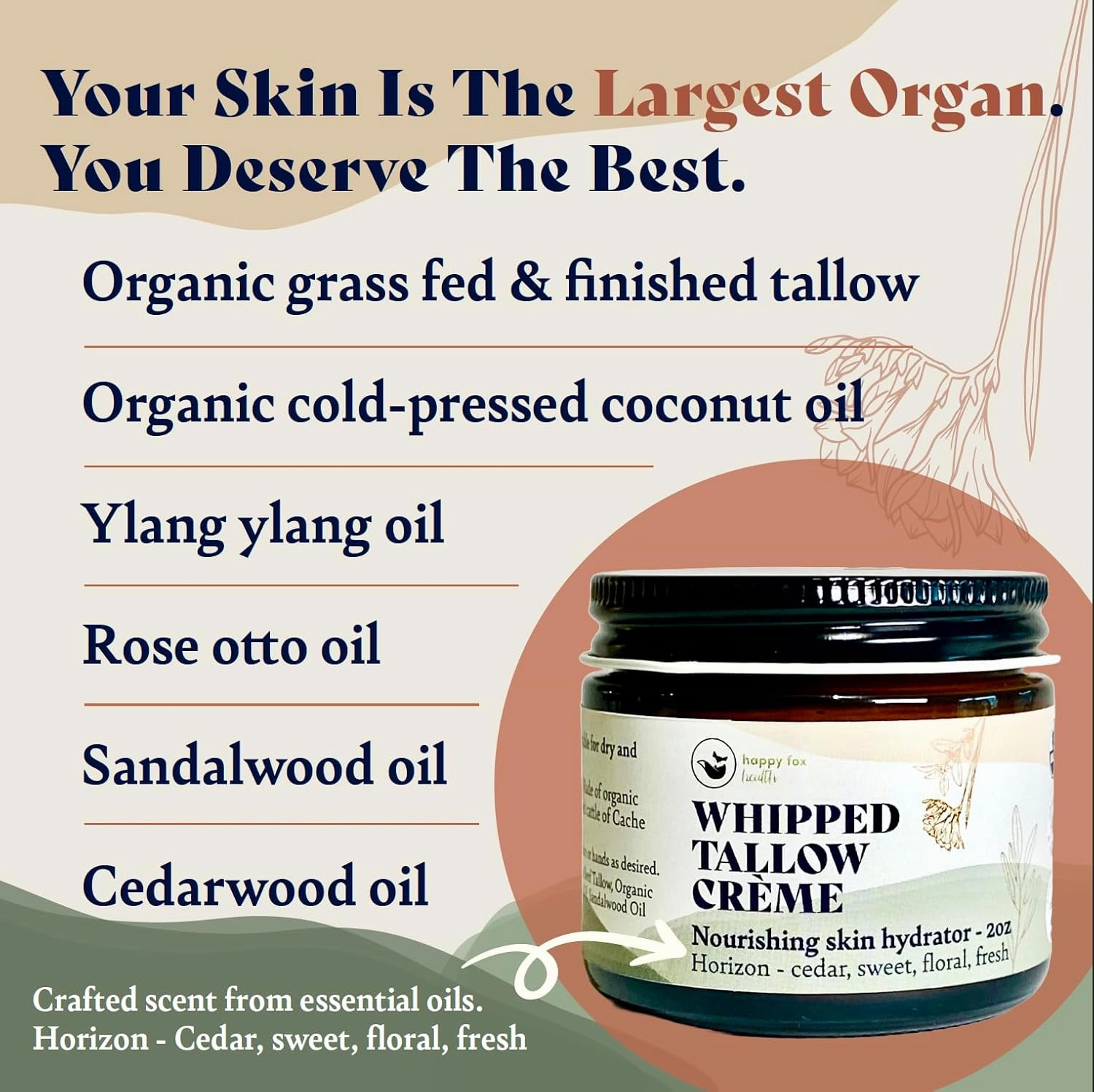 HAPPY FOX Tallow Skin Cream, Organic Grass-Fed & Finished - Handmade in Small Batches with Essential Oil Blends, Beef Tallow Moisturizer Balm for Body & Hands, Horizon Scent, 2oz / 60ml