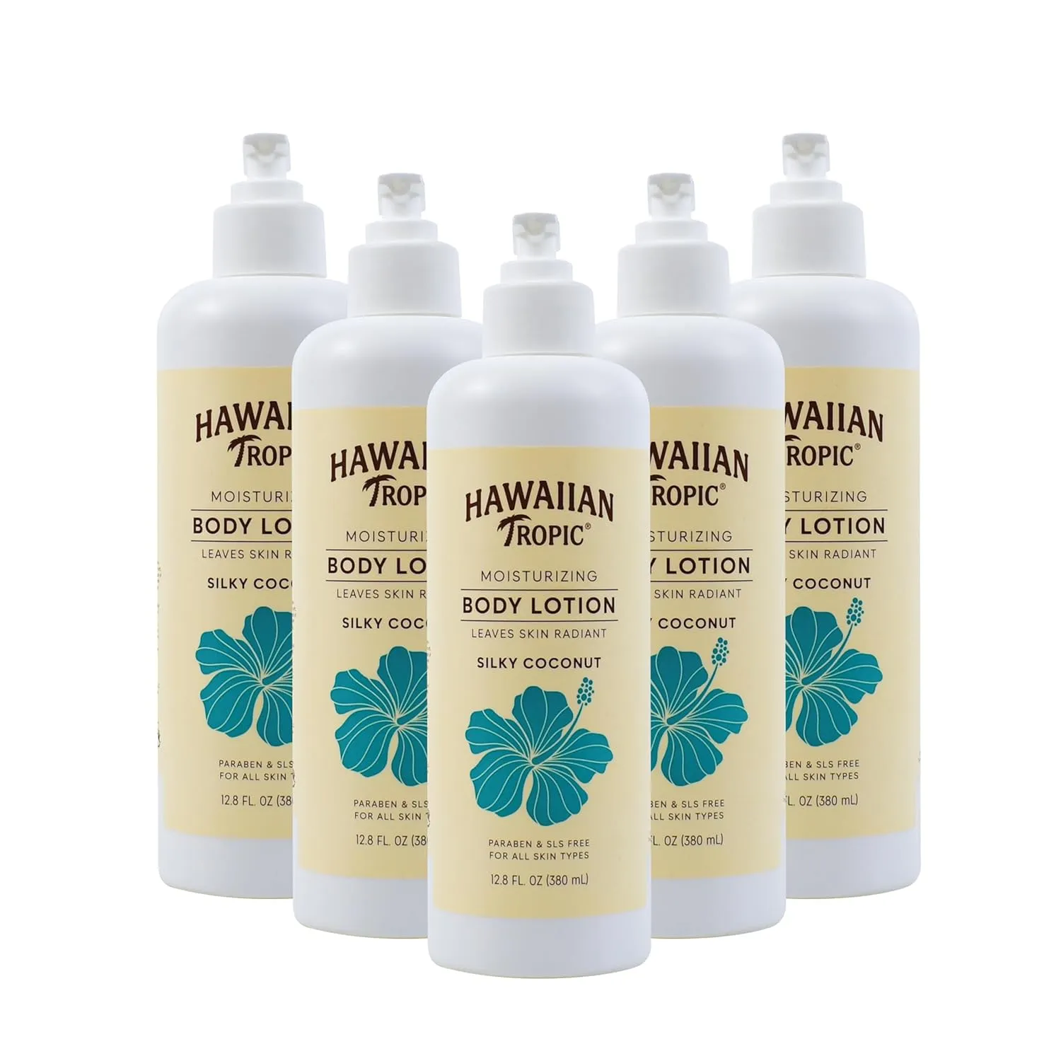 Hawaiian Tropic Moisturizing Body Lotion 5 Pack, 380ml Bottle, Silky Coconut Scent, SLS Free, Paraben Free, for Hotel Amenities, Travel Size, Vacation Rental Supplies, Airbnb Essentials