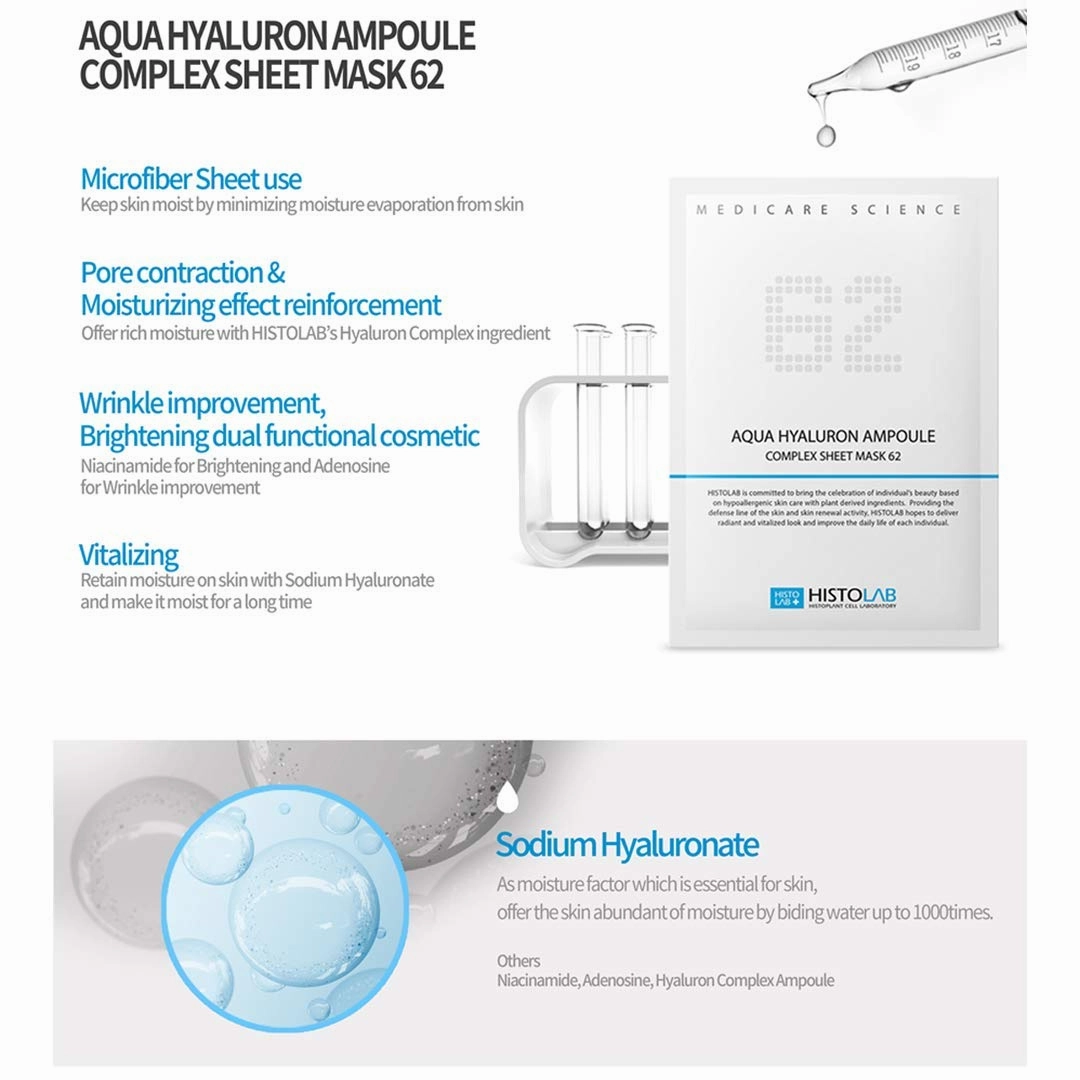 HISTOLAB Ampoule Complex Sheet Mask | 30g/1.1oz. | A Pack of 5 Sheets (Aqua Hyaluron 62) I Hydrating Mask