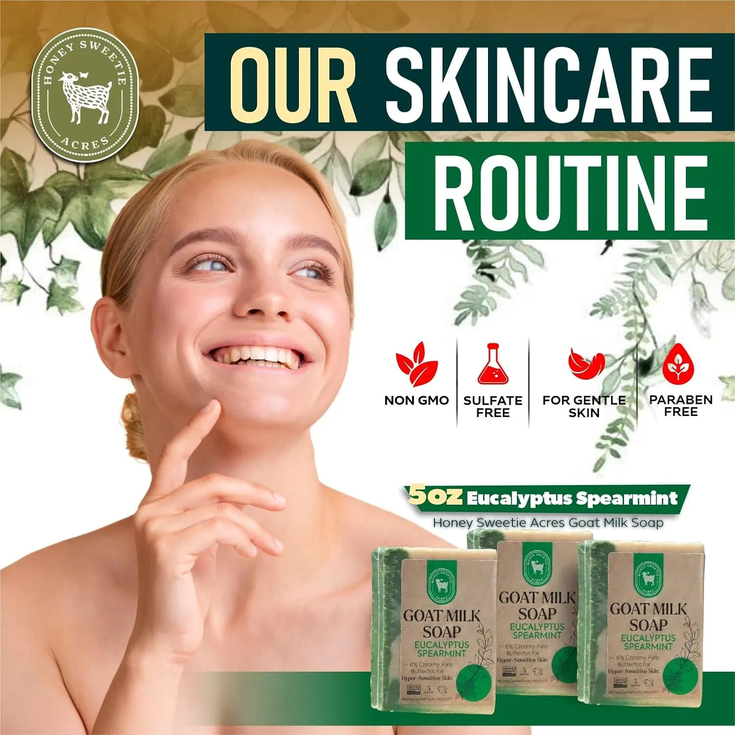 Honey Sweetie Acres 3-Pack Eucalyptus Spearmint Goat Milk Soap - Handmade 5 oz Bar, Made with Natural Ingredients, Moisturizing & Gentle, Made in the USA