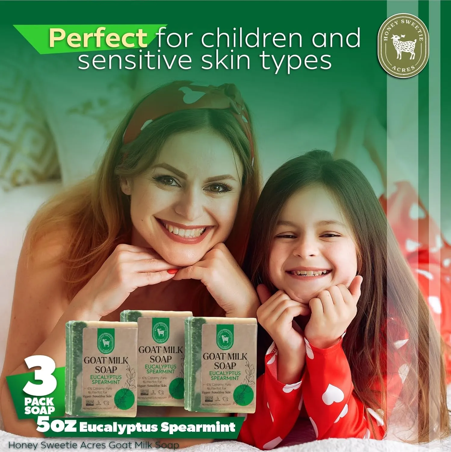 Honey Sweetie Acres 3-Pack Eucalyptus Spearmint Goat Milk Soap - Handmade 5 oz Bar, Made with Natural Ingredients, Moisturizing & Gentle, Made in the USA