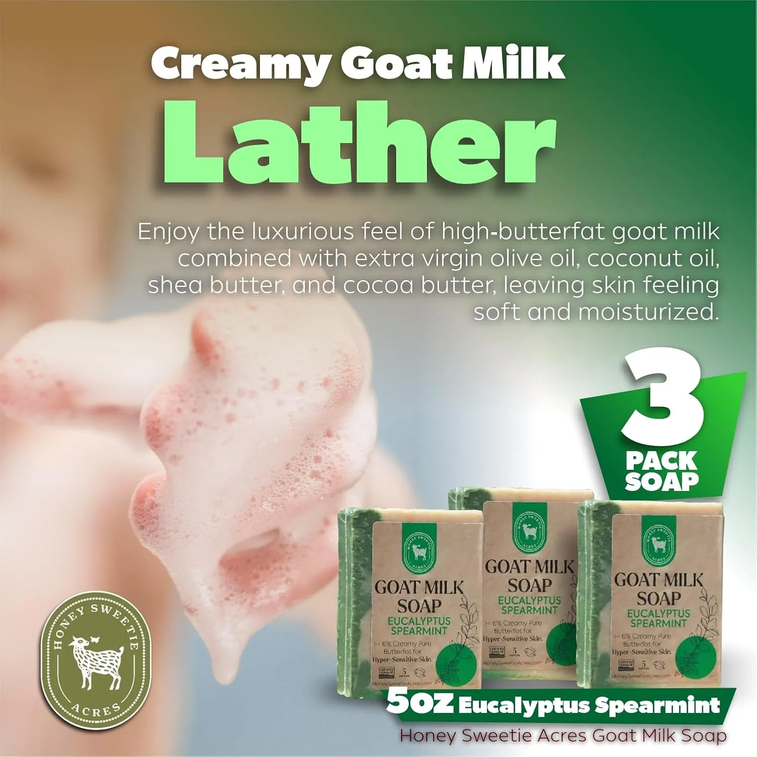 Honey Sweetie Acres 3-Pack Eucalyptus Spearmint Goat Milk Soap - Handmade 5 oz Bar, Made with Natural Ingredients, Moisturizing & Gentle, Made in the USA