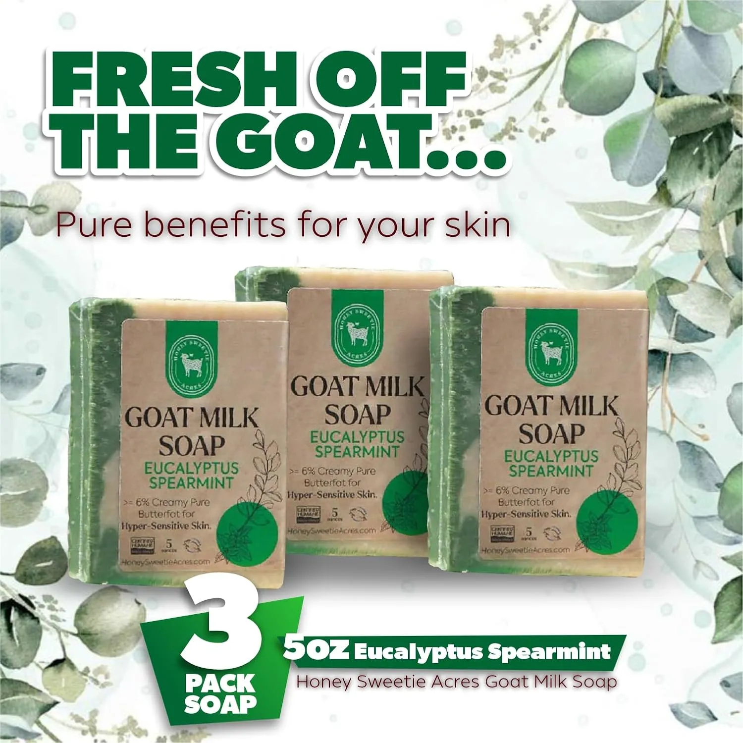 Honey Sweetie Acres 3-Pack Eucalyptus Spearmint Goat Milk Soap - Handmade 5 oz Bar, Made with Natural Ingredients, Moisturizing & Gentle, Made in the USA