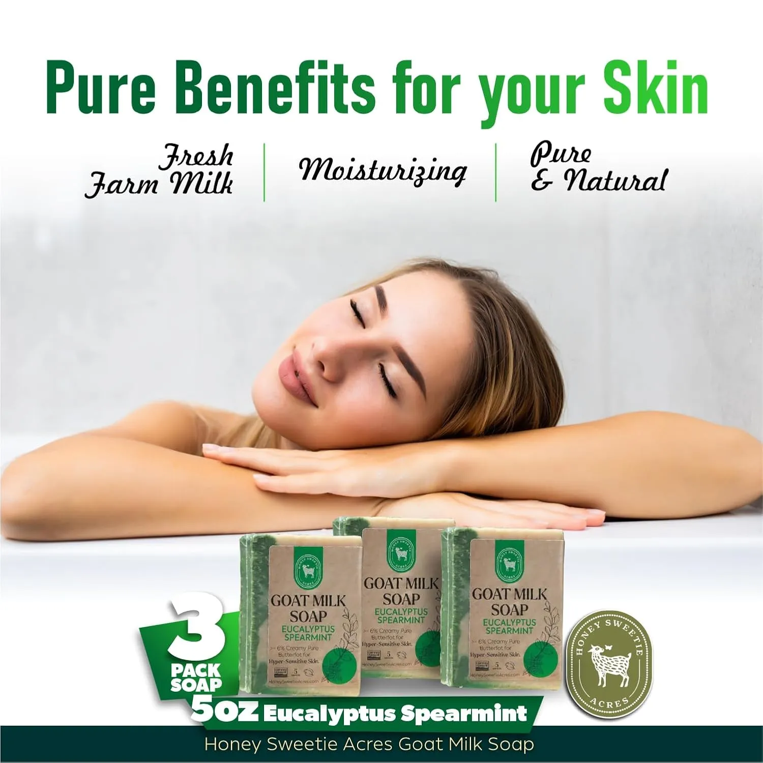 Honey Sweetie Acres 3-Pack Eucalyptus Spearmint Goat Milk Soap - Handmade 5 oz Bar, Made with Natural Ingredients, Moisturizing & Gentle, Made in the USA