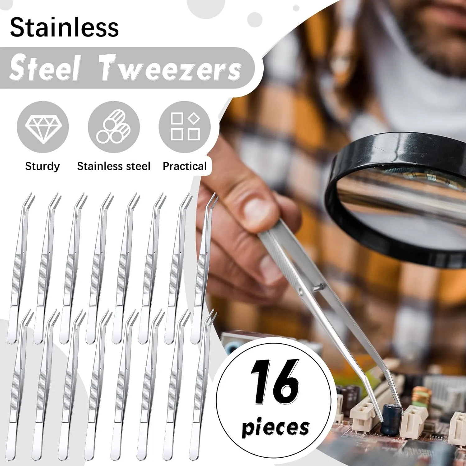 Honoson 16 Pcs Stainless Steel Tweezers for Crafting with Curved Serrated Tip Multipurpose Forceps Sewing Machine Tweezers Bulk (Silver)