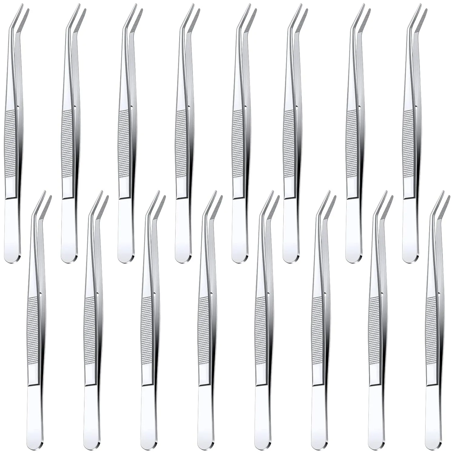Honoson 16 Pcs Stainless Steel Tweezers for Crafting with Curved Serrated Tip Multipurpose Forceps Sewing Machine Tweezers Bulk (Silver)