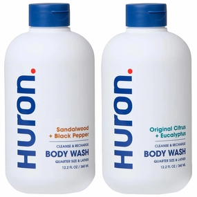Huron Body Wash Scent Duo - Citrus   Eucalyptus & Sandalwood   Black Pepper Scents - Men’s Body Wash - Made With Coconut Oil, Vitamin E & Witch Hazel - Vegan, Cruelty-Free - 2 Pack, 12.2 fl oz