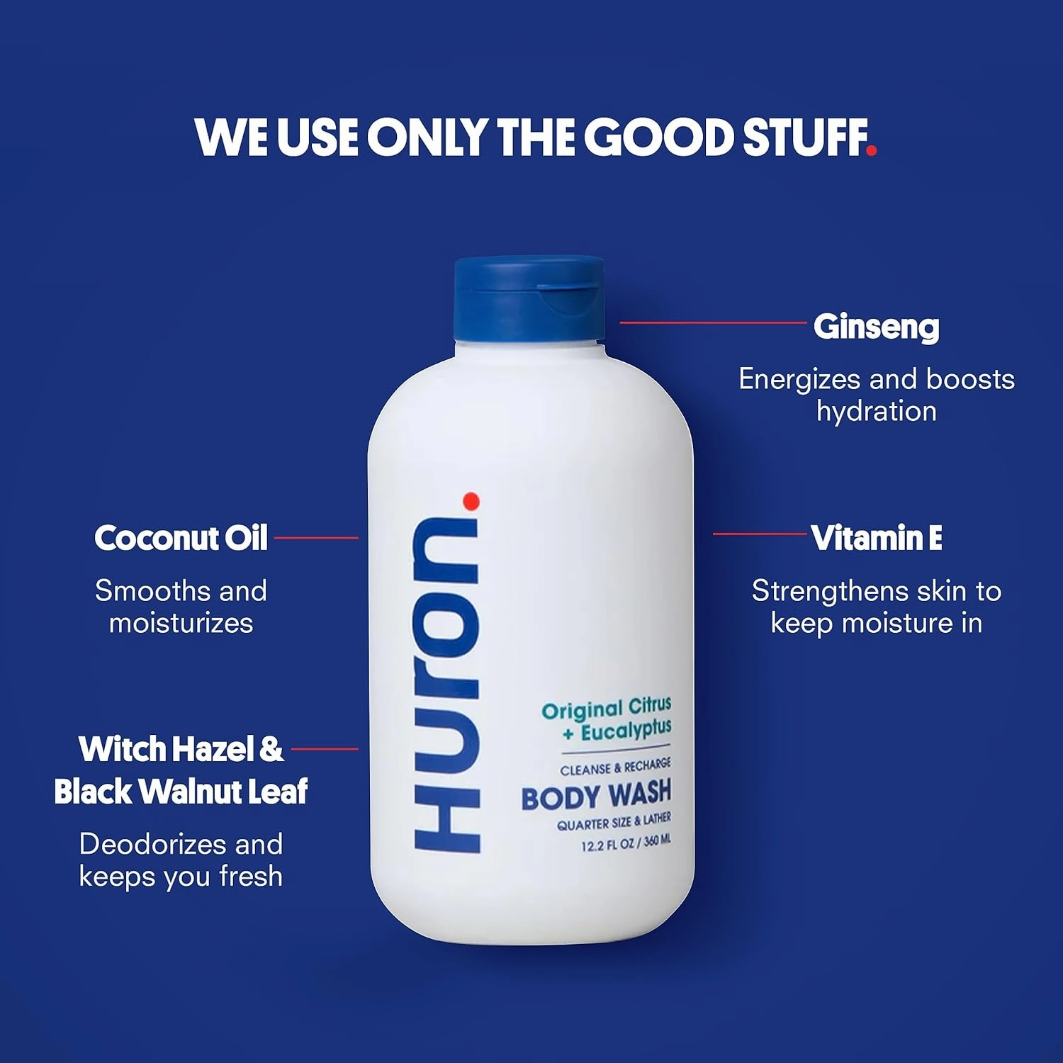 Huron Body Wash Scent Duo - Citrus   Eucalyptus & Sandalwood   Black Pepper Scents - Men’s Body Wash - Made With Coconut Oil, Vitamin E & Witch Hazel - Vegan, Cruelty-Free - 2 Pack, 12.2 fl oz