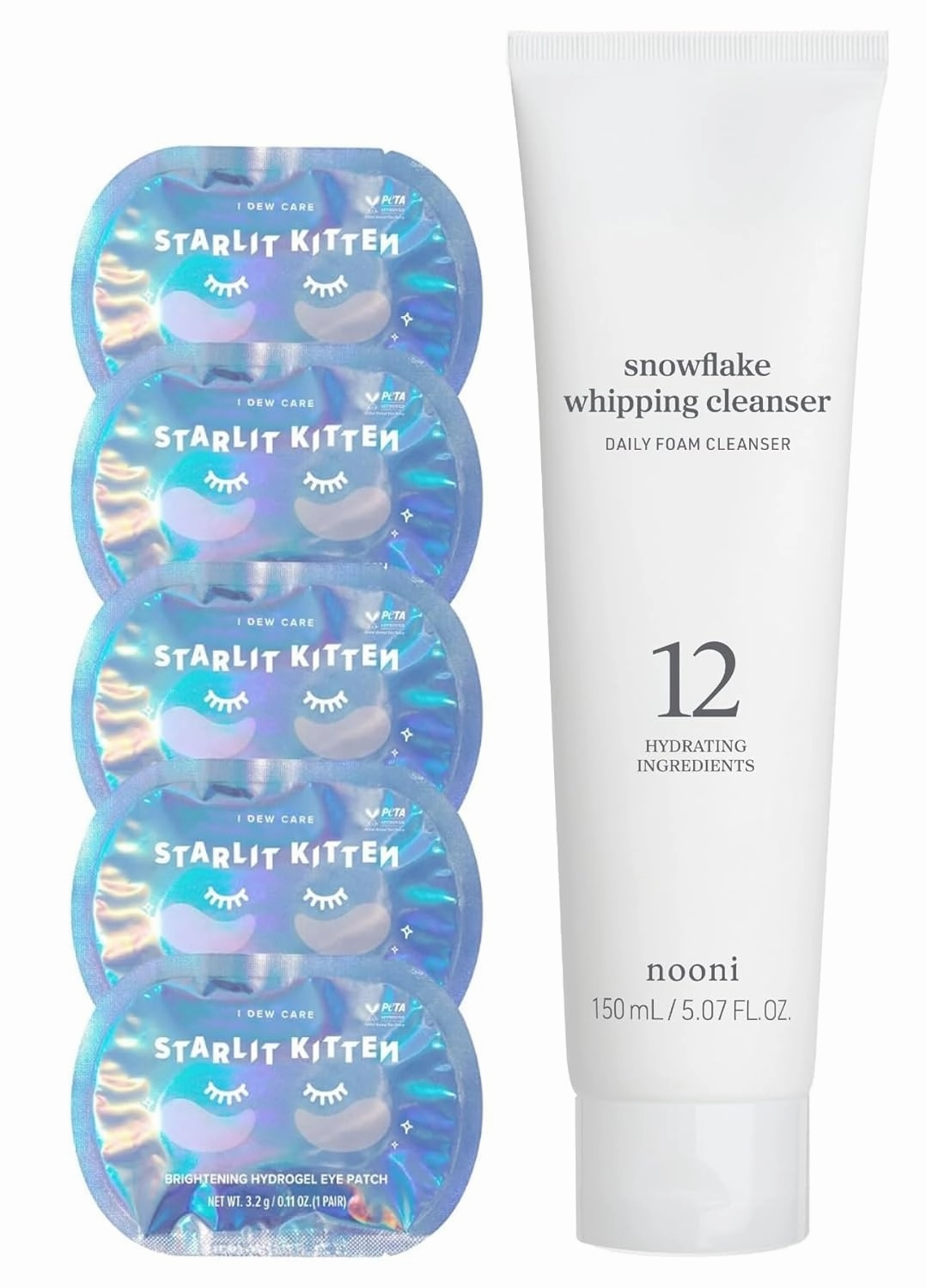 I DEW CARE Hydrogel Eye Patch - Starlit Kitten (5 EA)   NOONI Korean Facial Clenaser - Snowflake Whipping Cleanser 5.07 Fl Oz Bundle