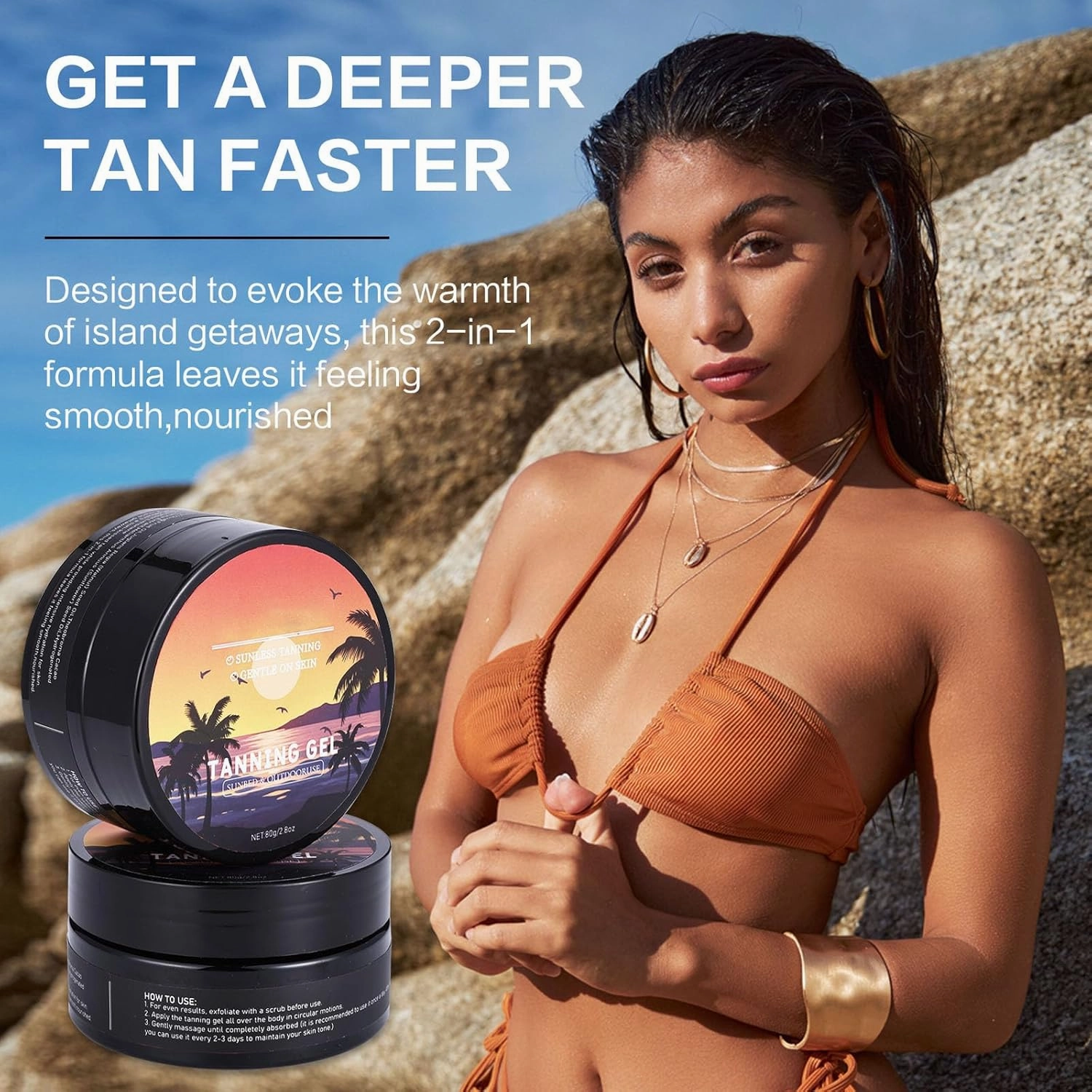Intense Tanning Gel for Outdoor Sun & Sunbeds | Fast-Acting Tan Accelerator with Olive Oil & Coconut Oil | Water-Resistant Bronzing Gel Enriched with Vitamin A   E for Hydrated Skin (2pc)