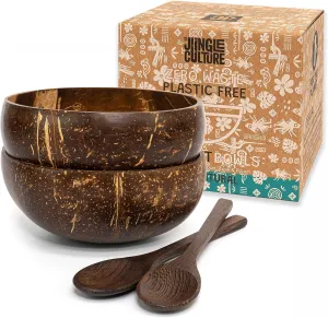 Jungle Culture 2 Polished Coconut Bowl and Wooden Spoons Set with Bamboo Straws • Natural Coconut Smoothie Bowls • Healthy Choice Coco Shell Acai & Buddha Bowls • Eco Friendly Vegan Gifts